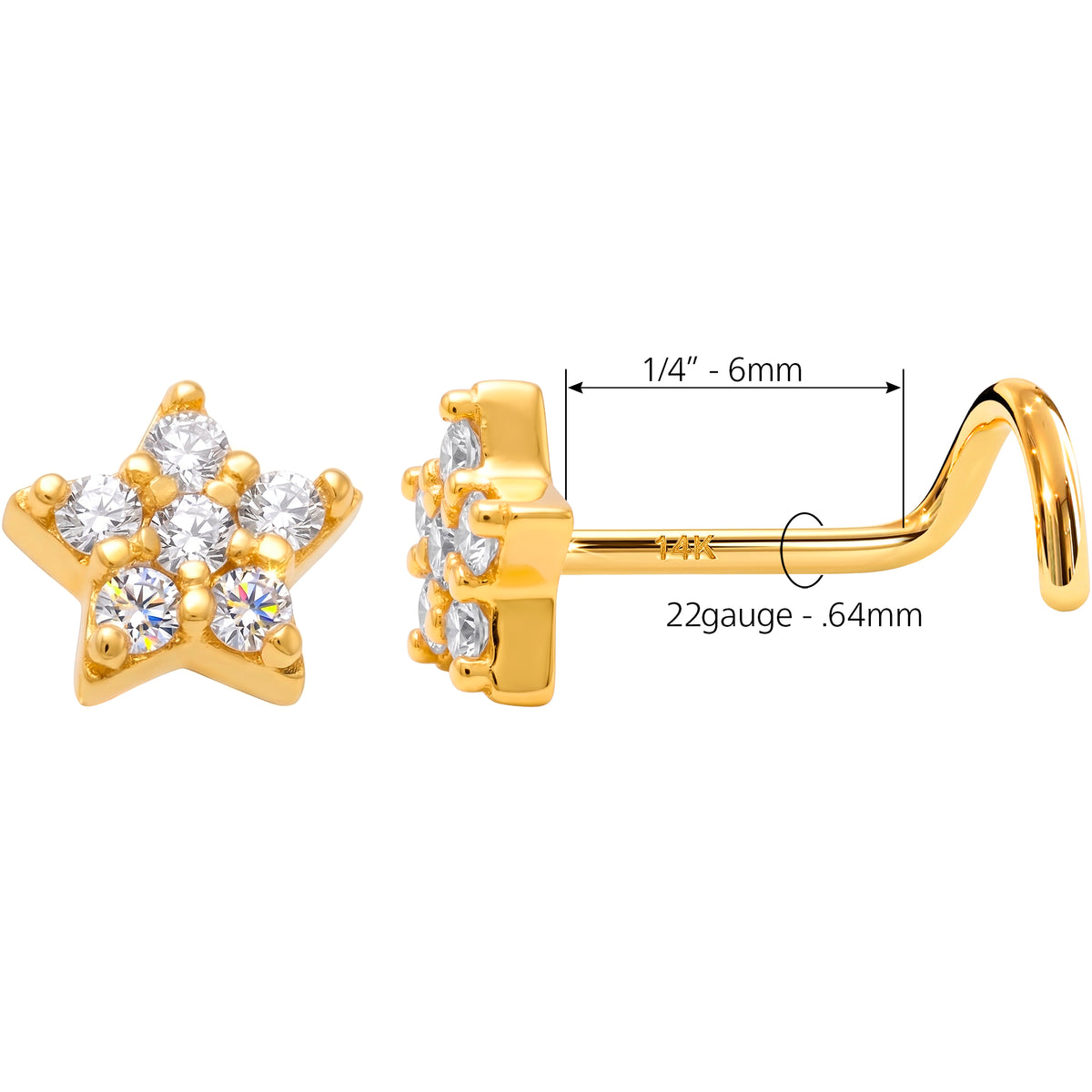 Solid 14k Yellow Gold CZ Sparkling Star 22G Nose Screw Ring