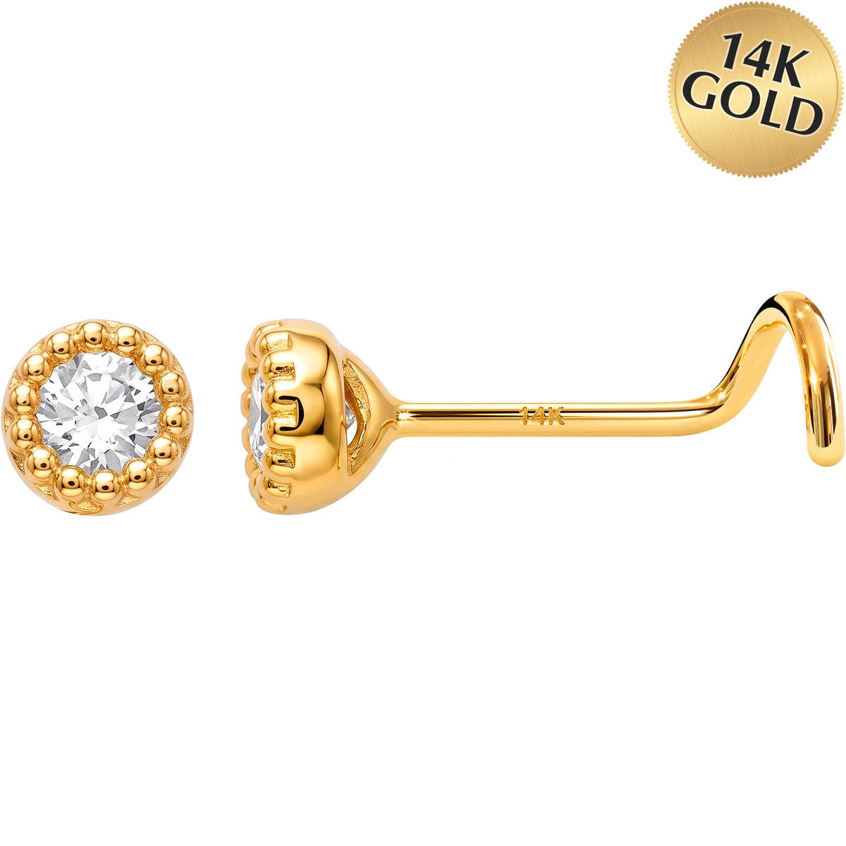 Solid 14k Yellow Gold CZ Halo 22G Nose Screw Ring