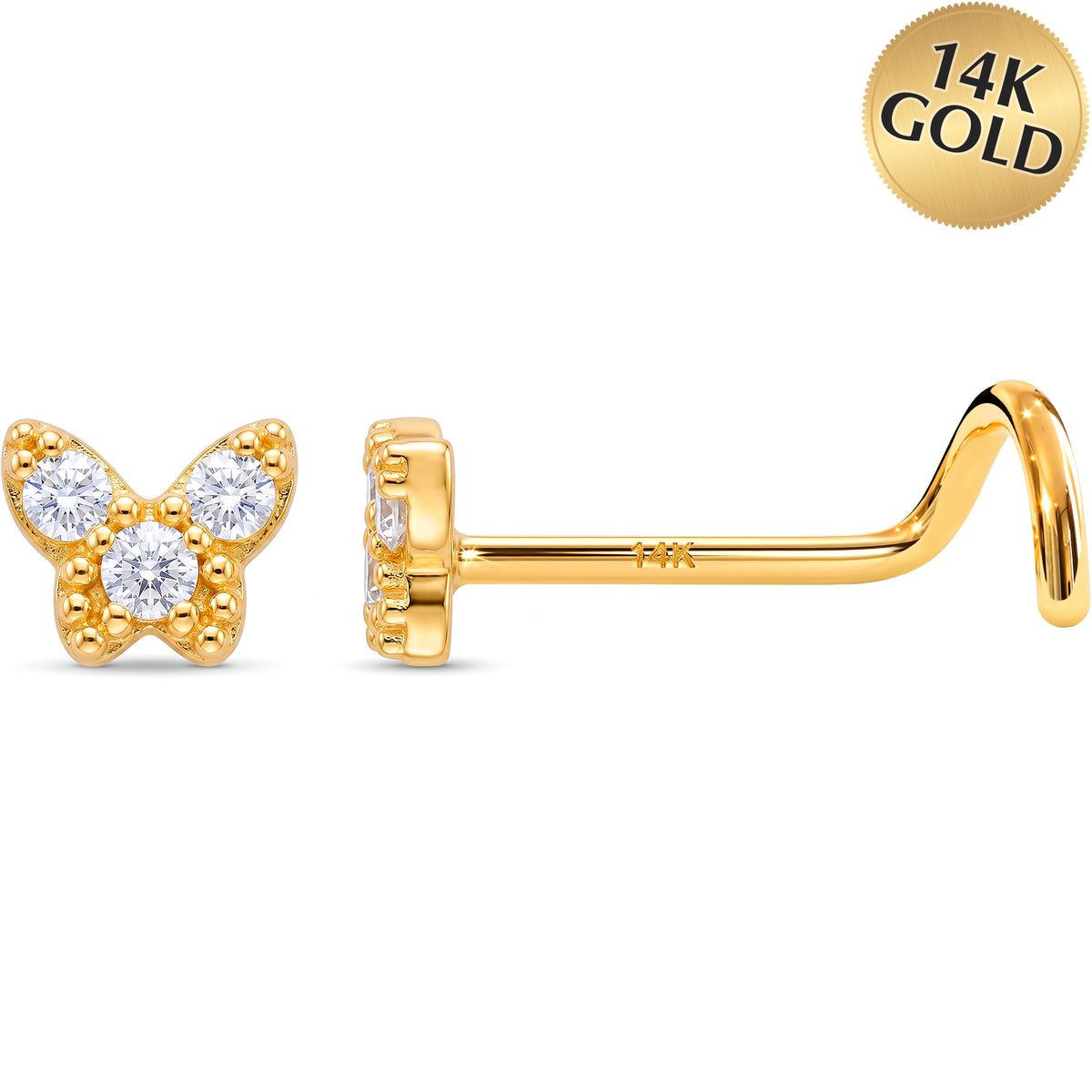 Solid 14k Yellow Gold Butterfly Sparkle CZ 22G Nose Screw Ring