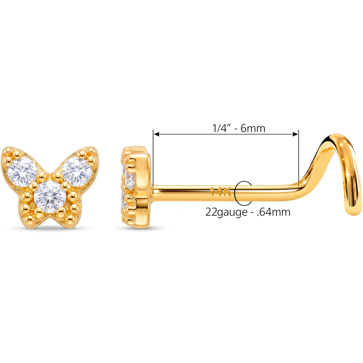 Solid 14k Yellow Gold Butterfly Sparkle CZ 22G Nose Screw Ring