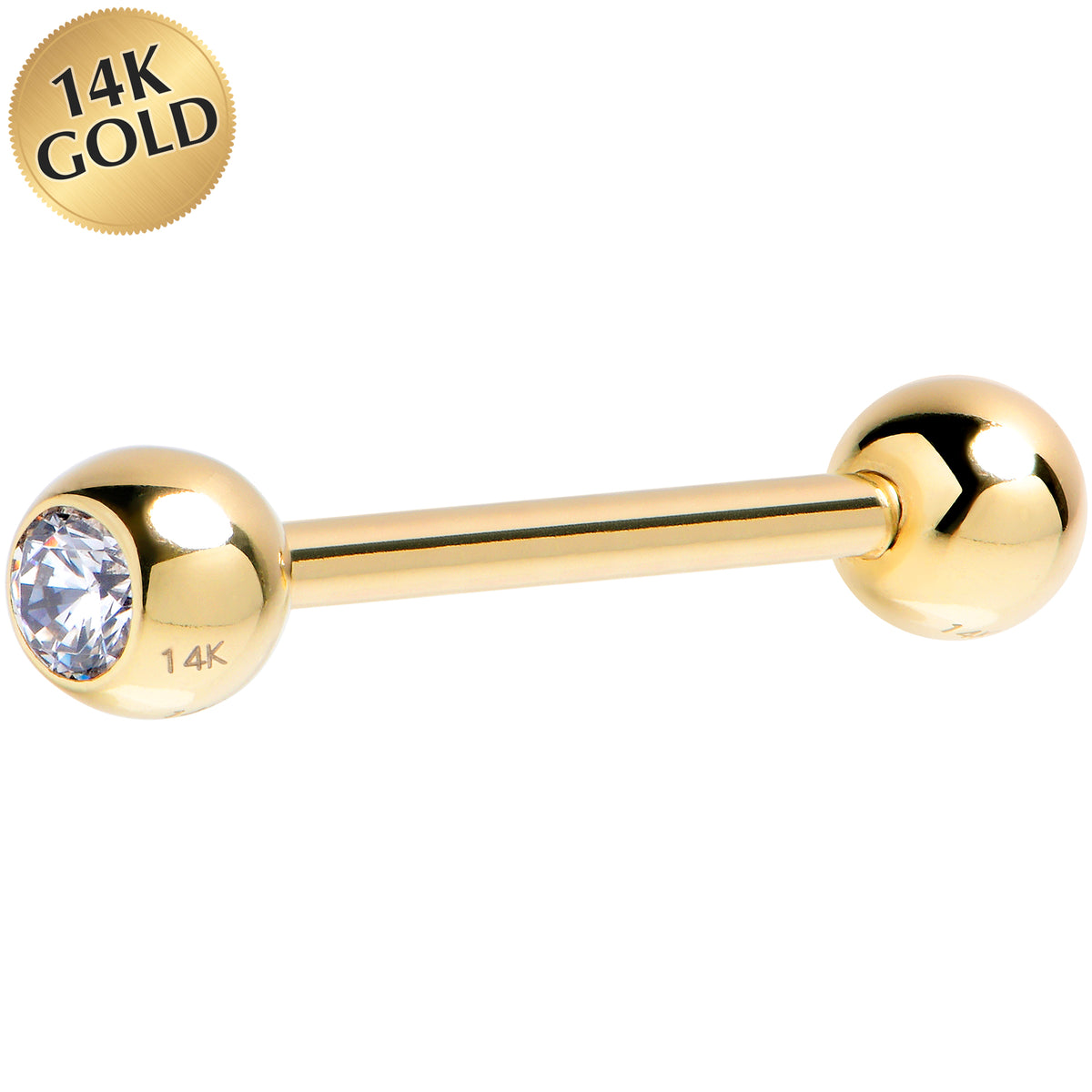 Solid 14K Gold 14G Straight Barbell with CZ Solid Gold Ball End