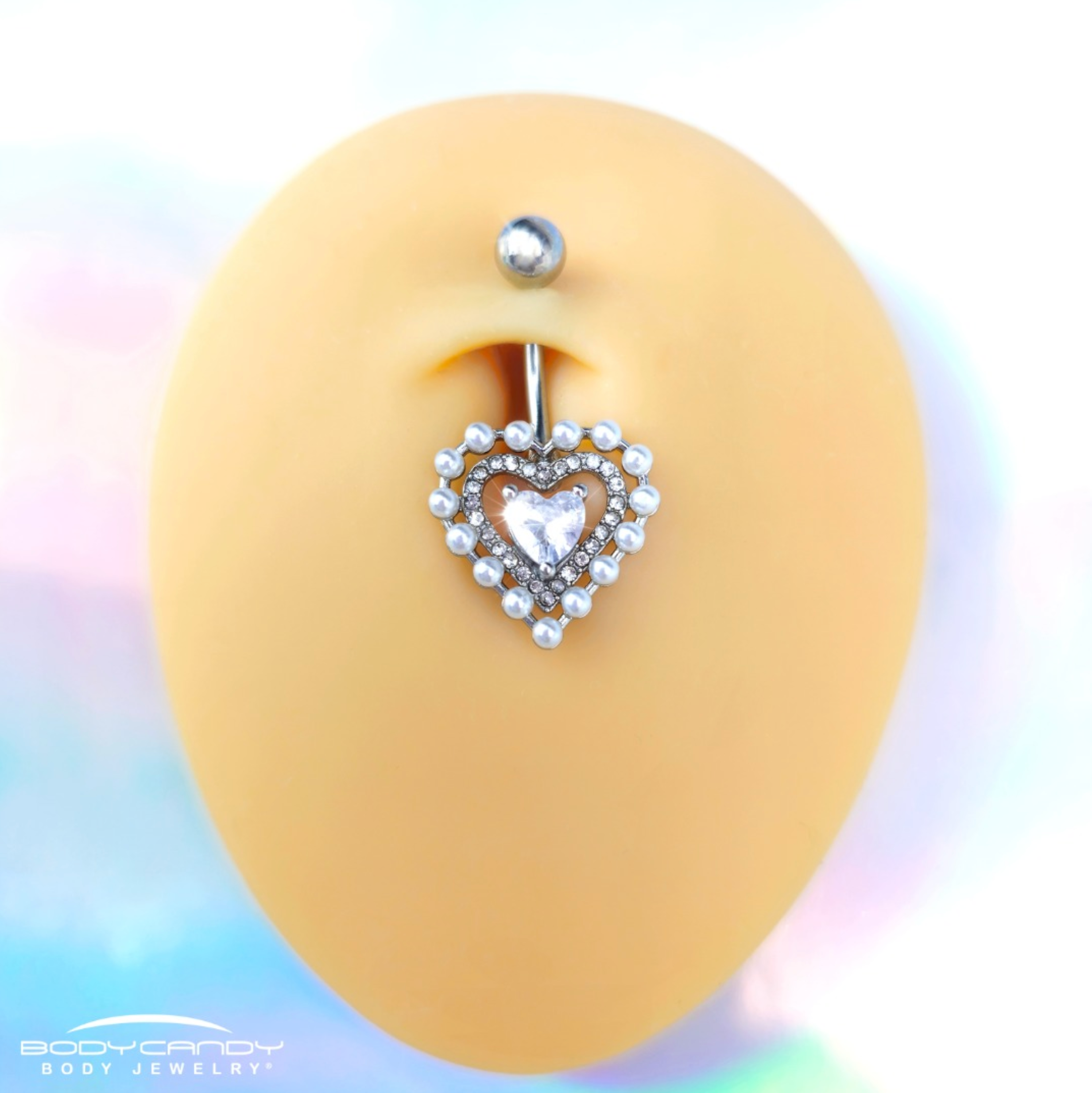 Clear CZ Gem Pearl Heart Belly Ring