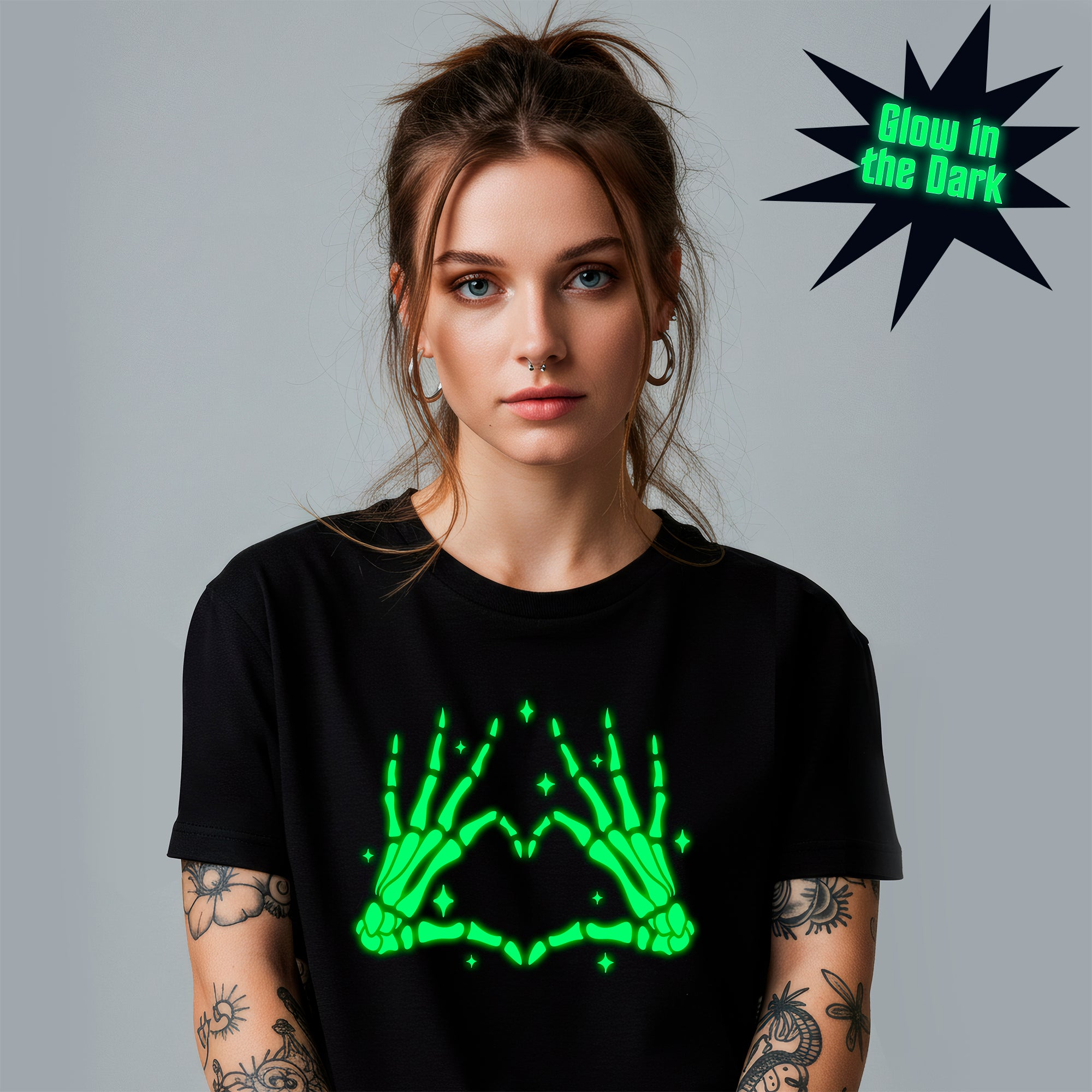Glow in the Dark Dead Inside Heart Skeleton Hands Black Tee Shirt