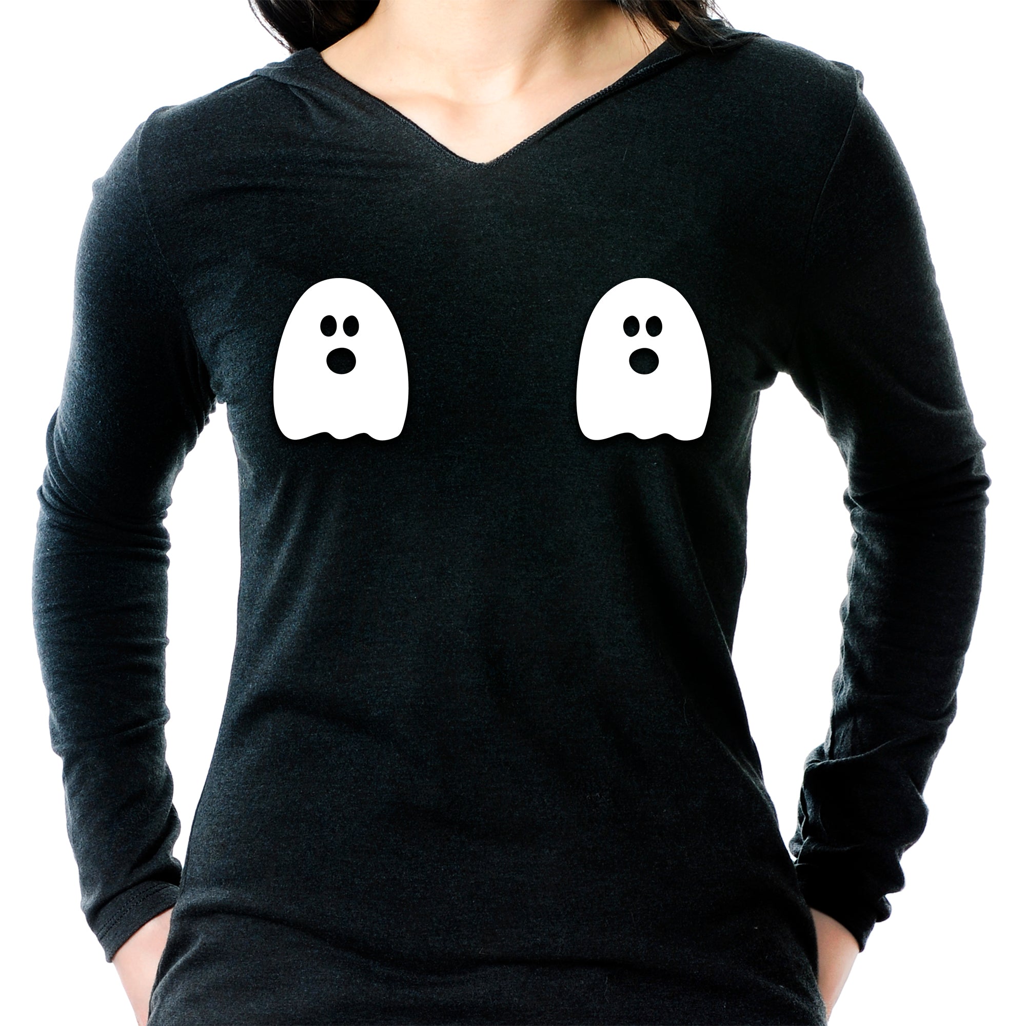 Halloween Glow in the Dark Ghost Boobies Tee Tapered Long Sleeve Hoodie