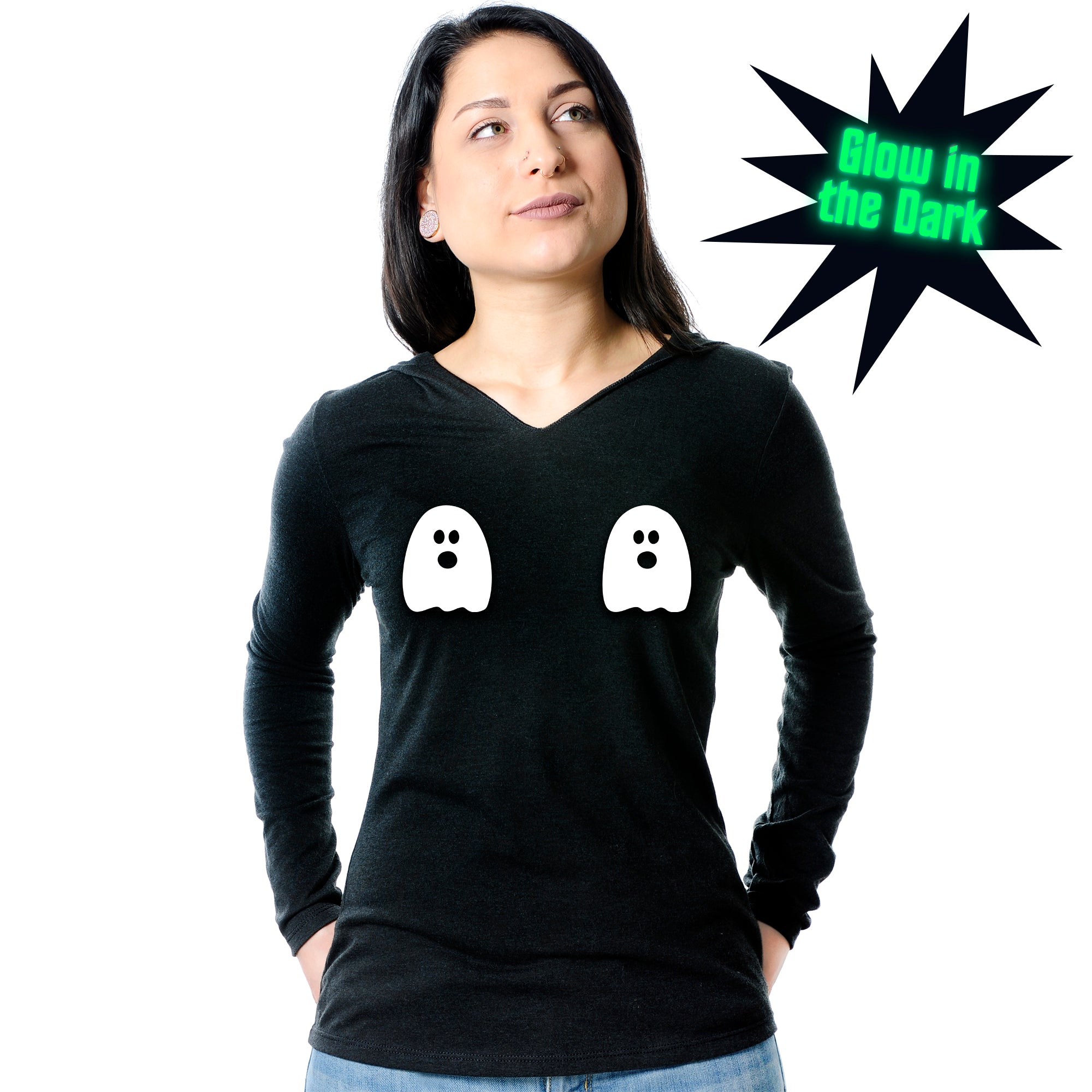 Halloween Glow in the Dark Ghost Boobies Tee Tapered Long Sleeve Hoodie