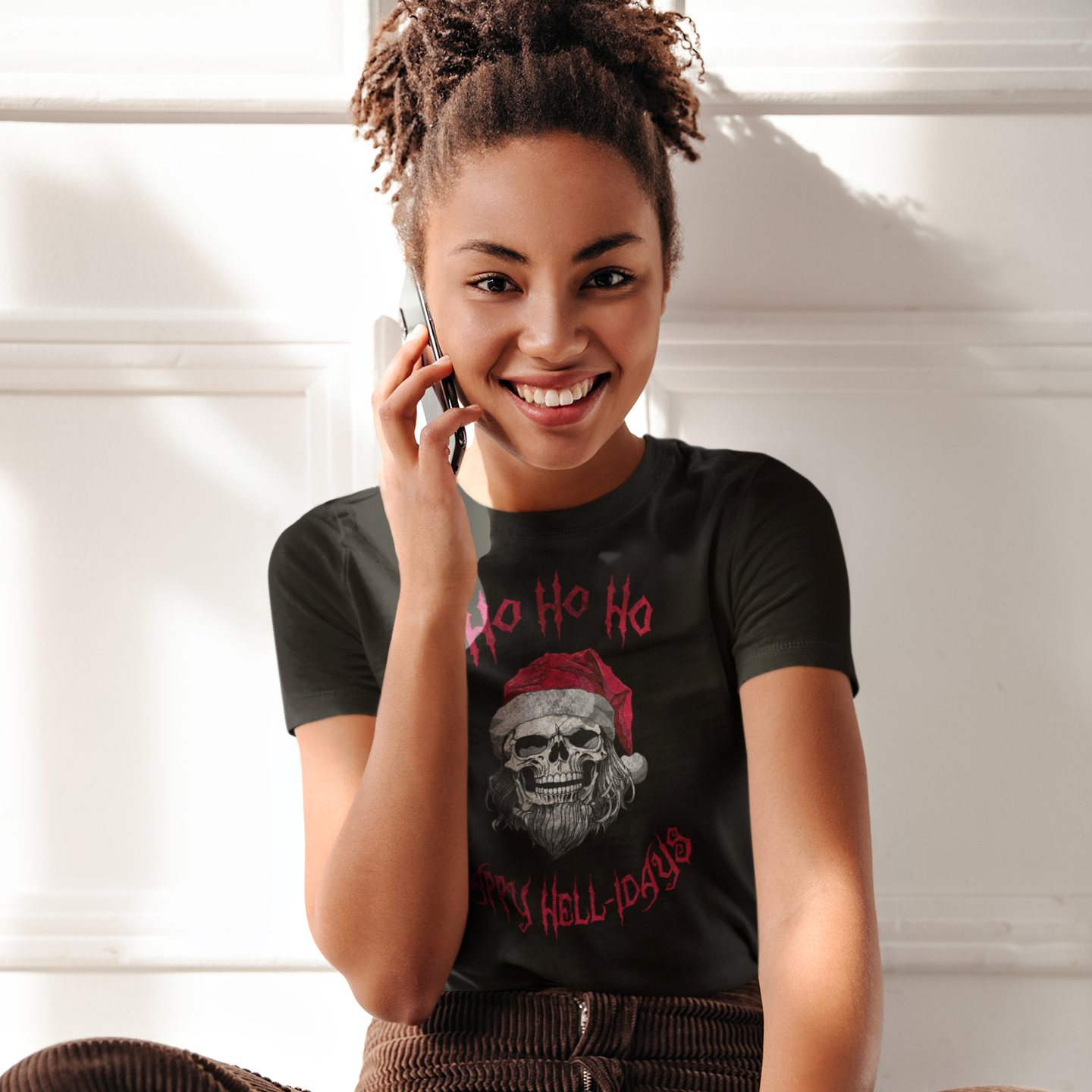 Holiday Skeleton Santa Claus Black Tee Shirt