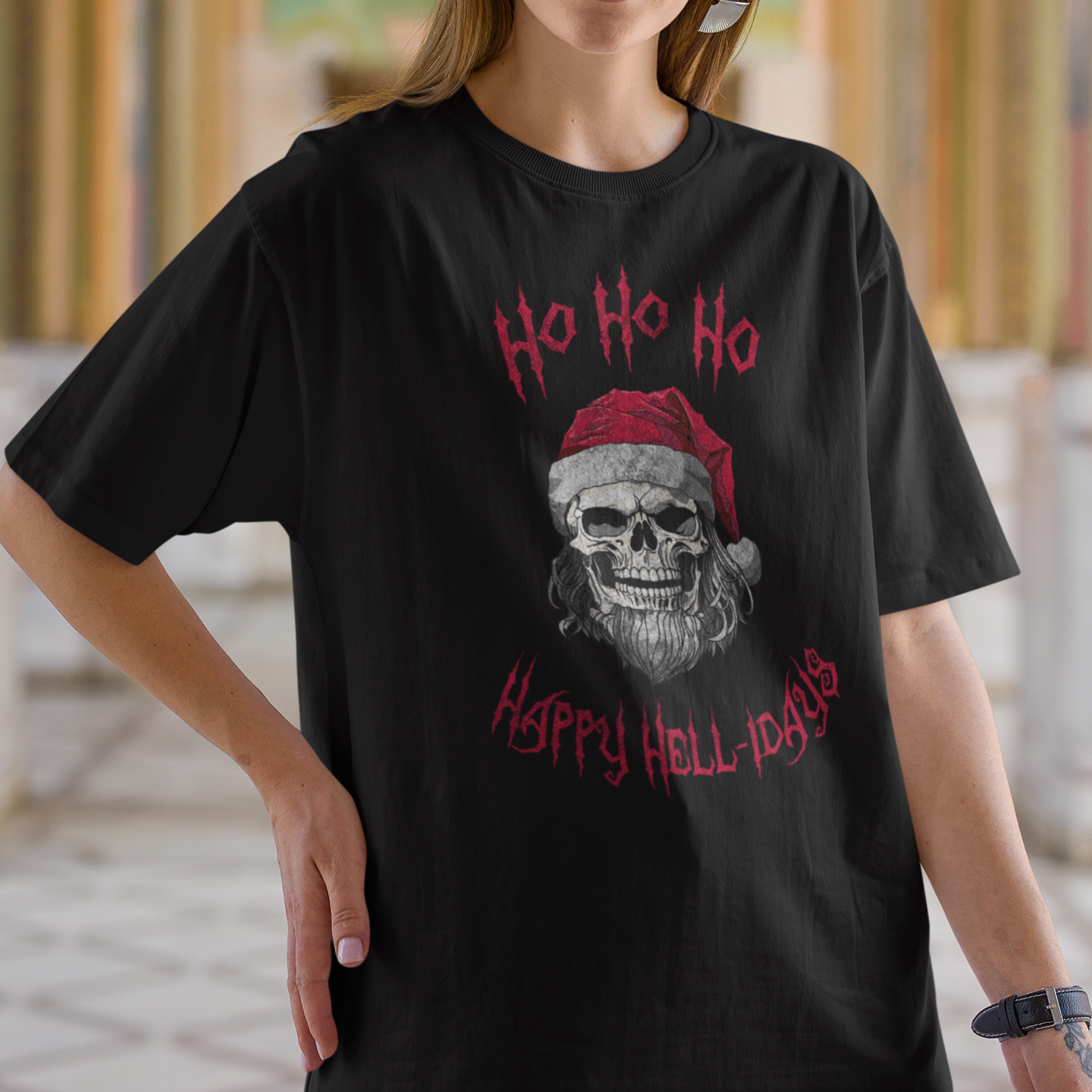 Holiday Skeleton Santa Claus Black Tee Shirt