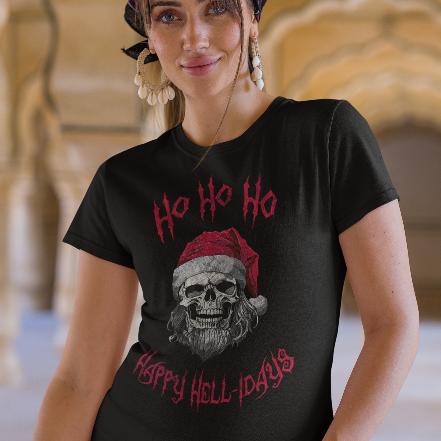 Holiday Skeleton Santa Claus Black Tee Shirt