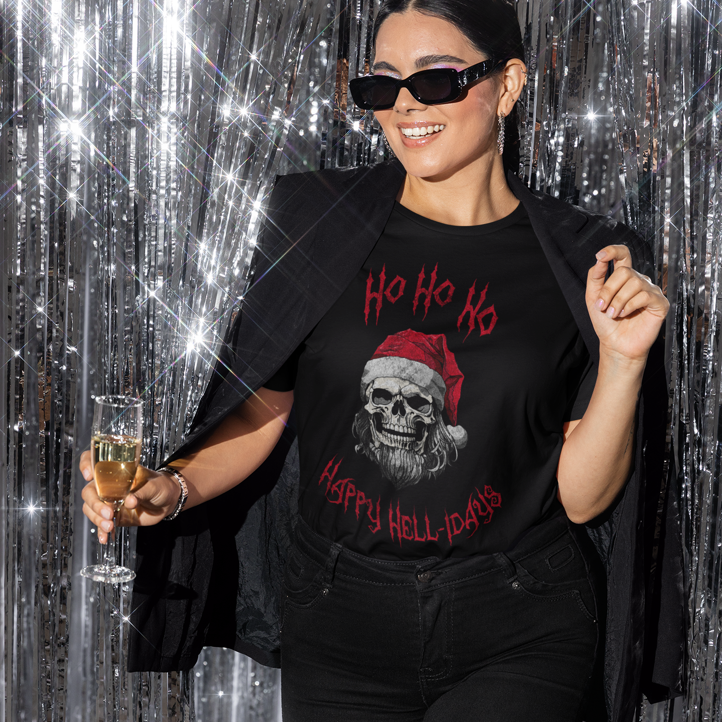 Holiday Skeleton Santa Claus Black Tee Shirt