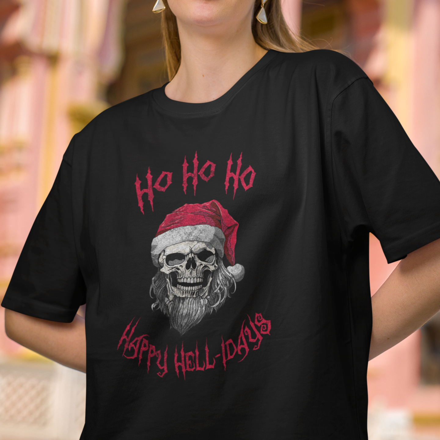 Holiday Skeleton Santa Claus Black Tee Shirt