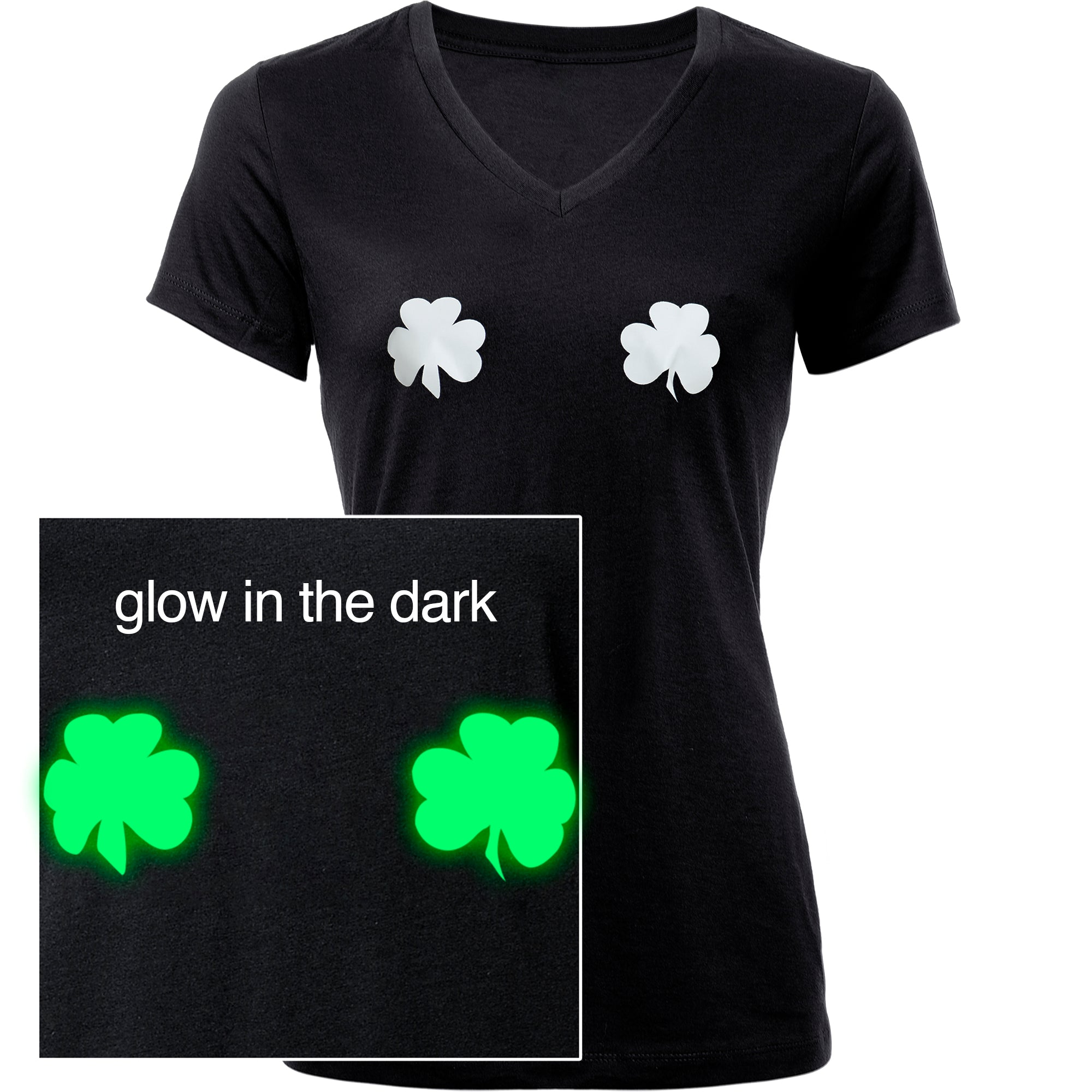 Lucky Glow in the Dark Shamrocks Black V-Neck Boobies Tee Shirt