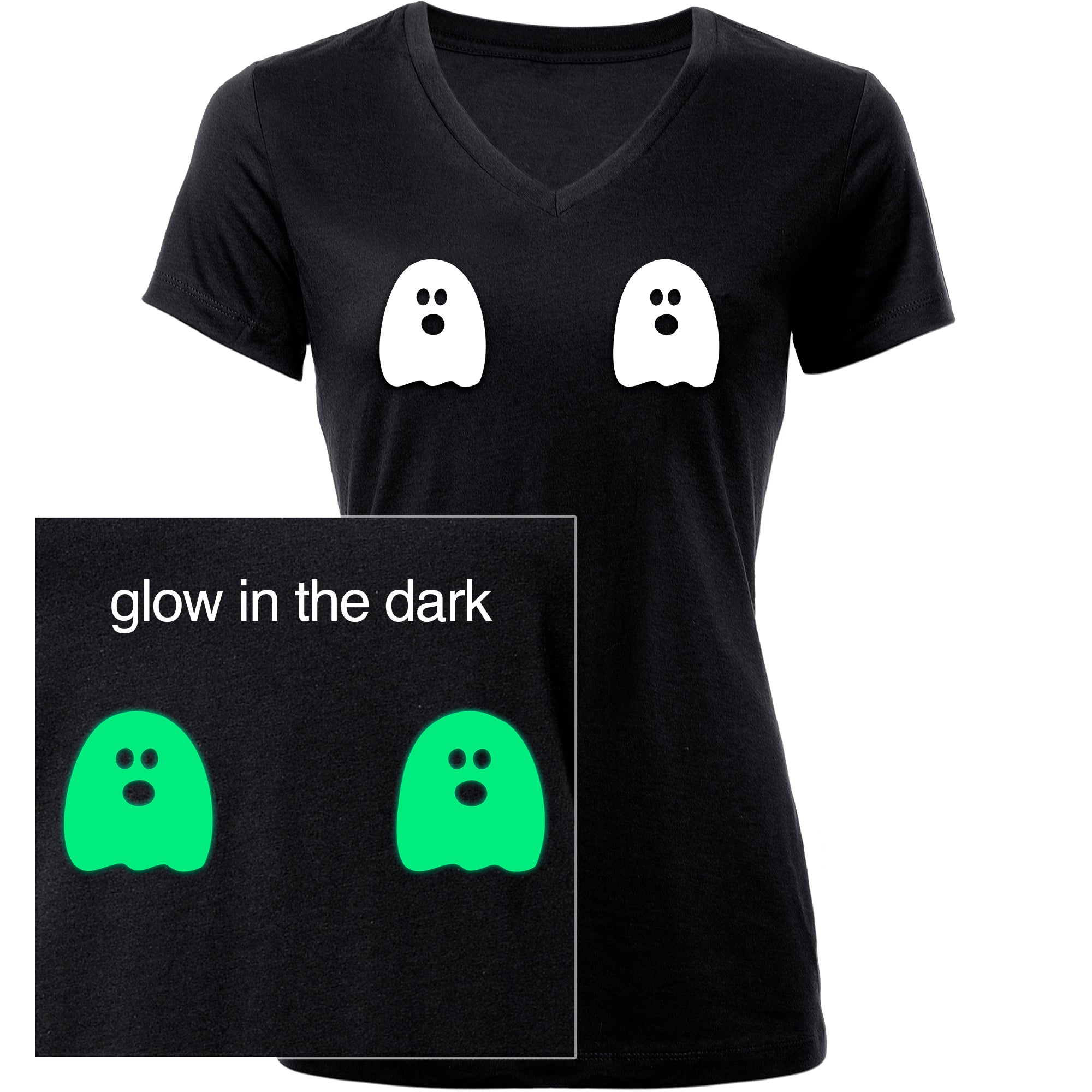 Halloween Glow in the Dark Ghost Boobies Tee V-Neck Tee Shirt 100% Cotton