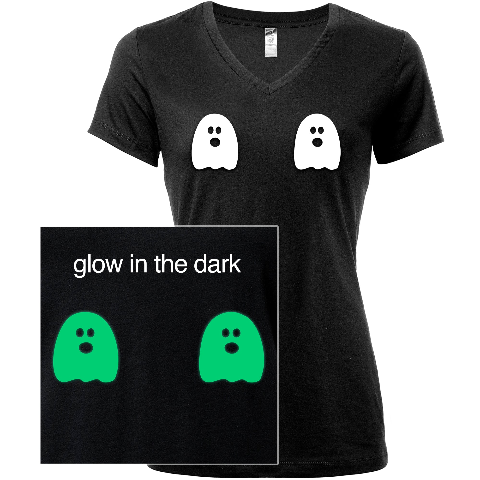 Halloween Glow in the Dark Ghost Boobies Tee V-Neck Tee Shirt 100% Cotton