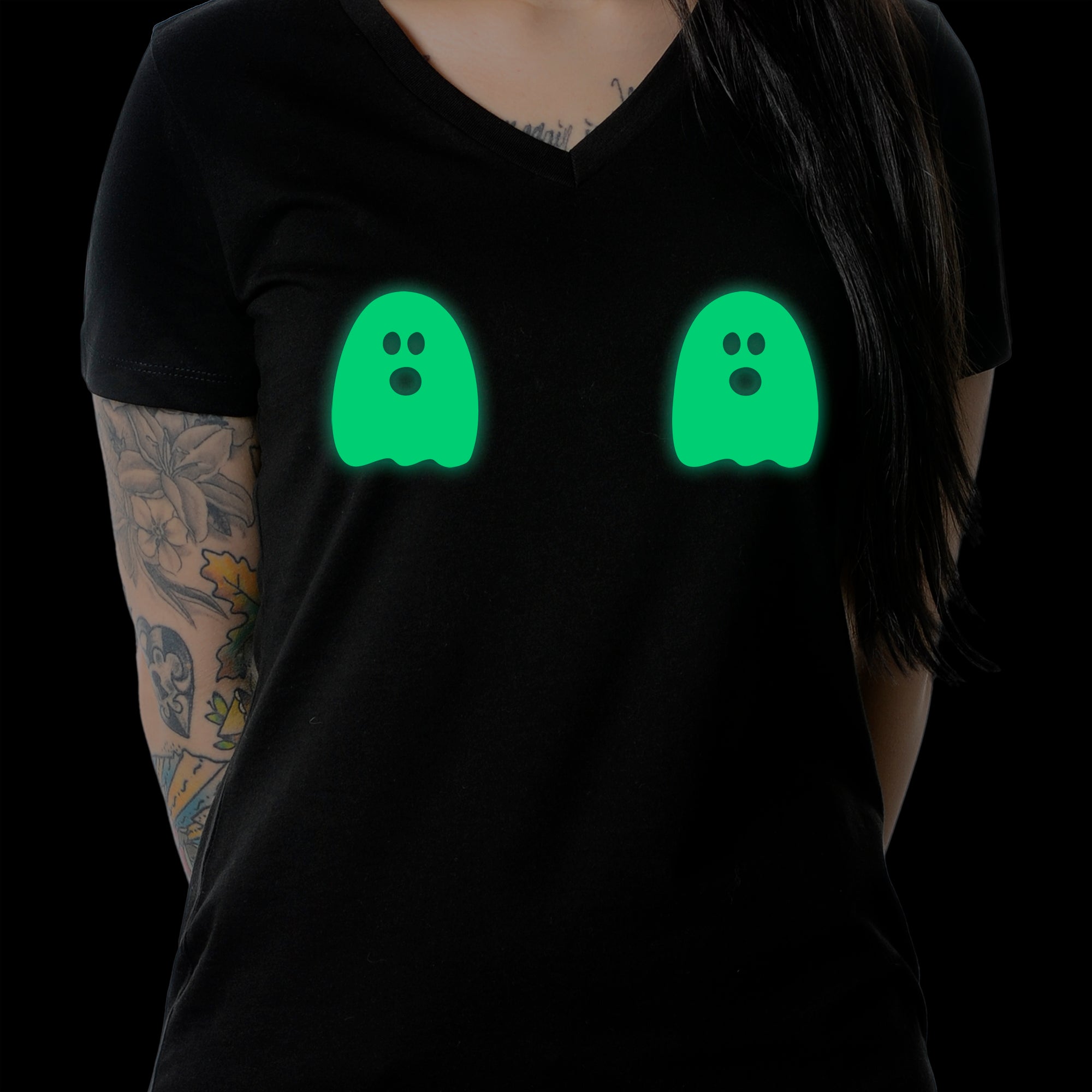 Halloween Glow in the Dark Ghost Boobies Tee V-Neck Tee Shirt 100% Cotton