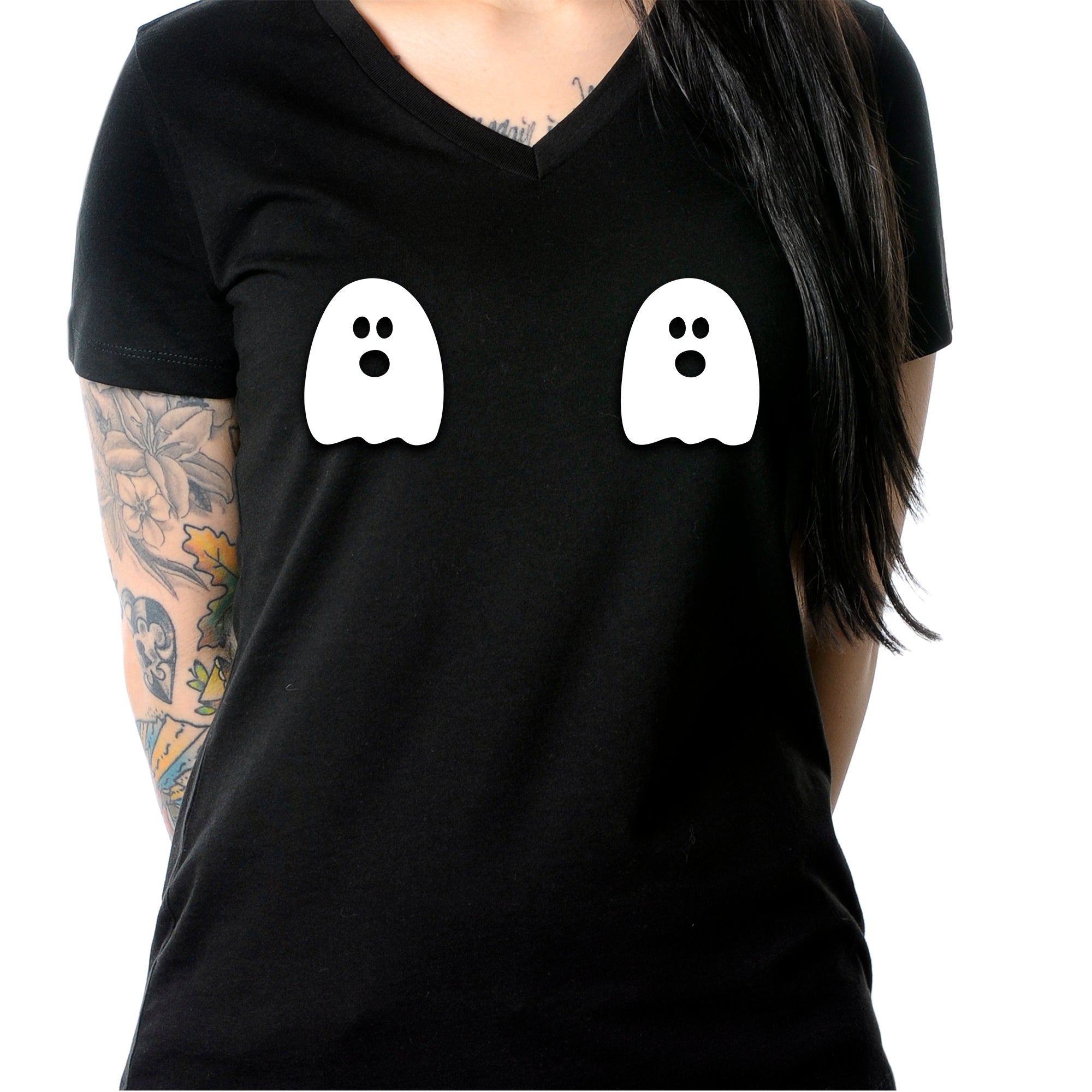 Halloween Glow in the Dark Ghost Boobies Tee V-Neck Tee Shirt 100% Cotton