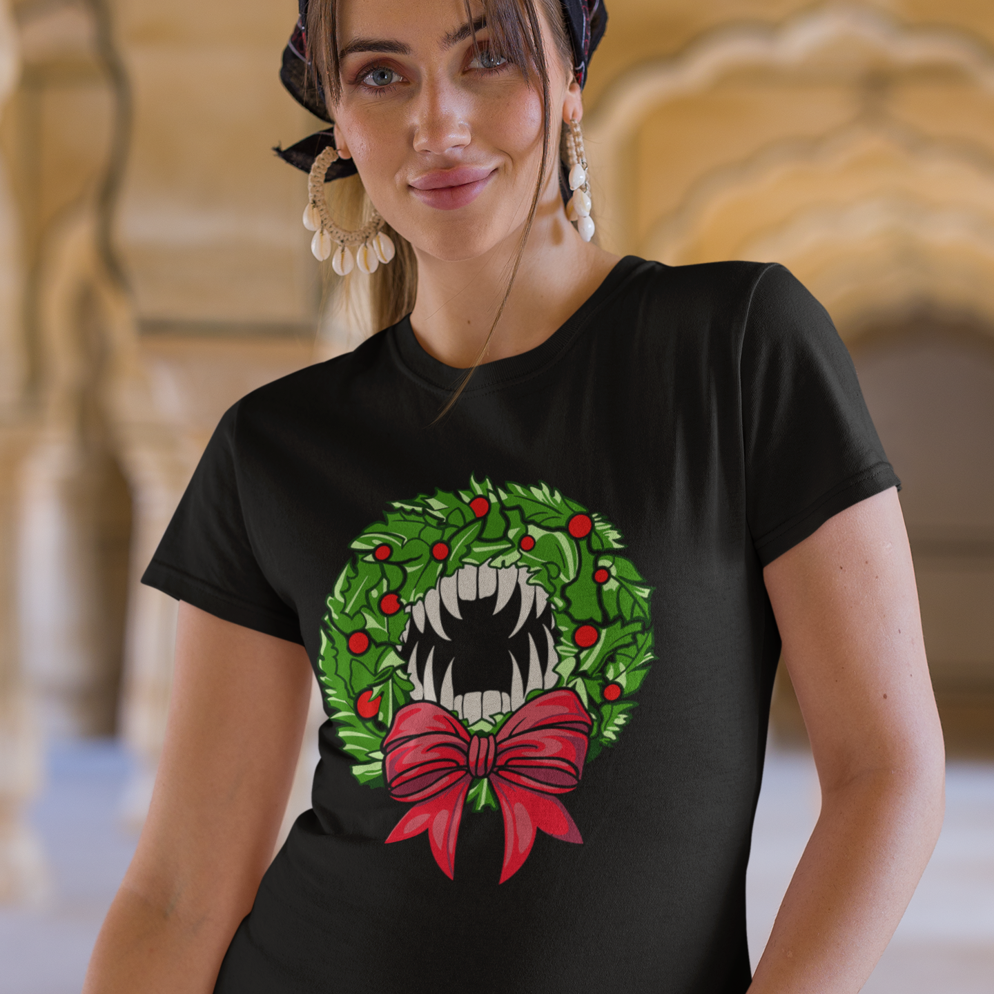 Holiday Vampire Wreath Black Tee Shirt