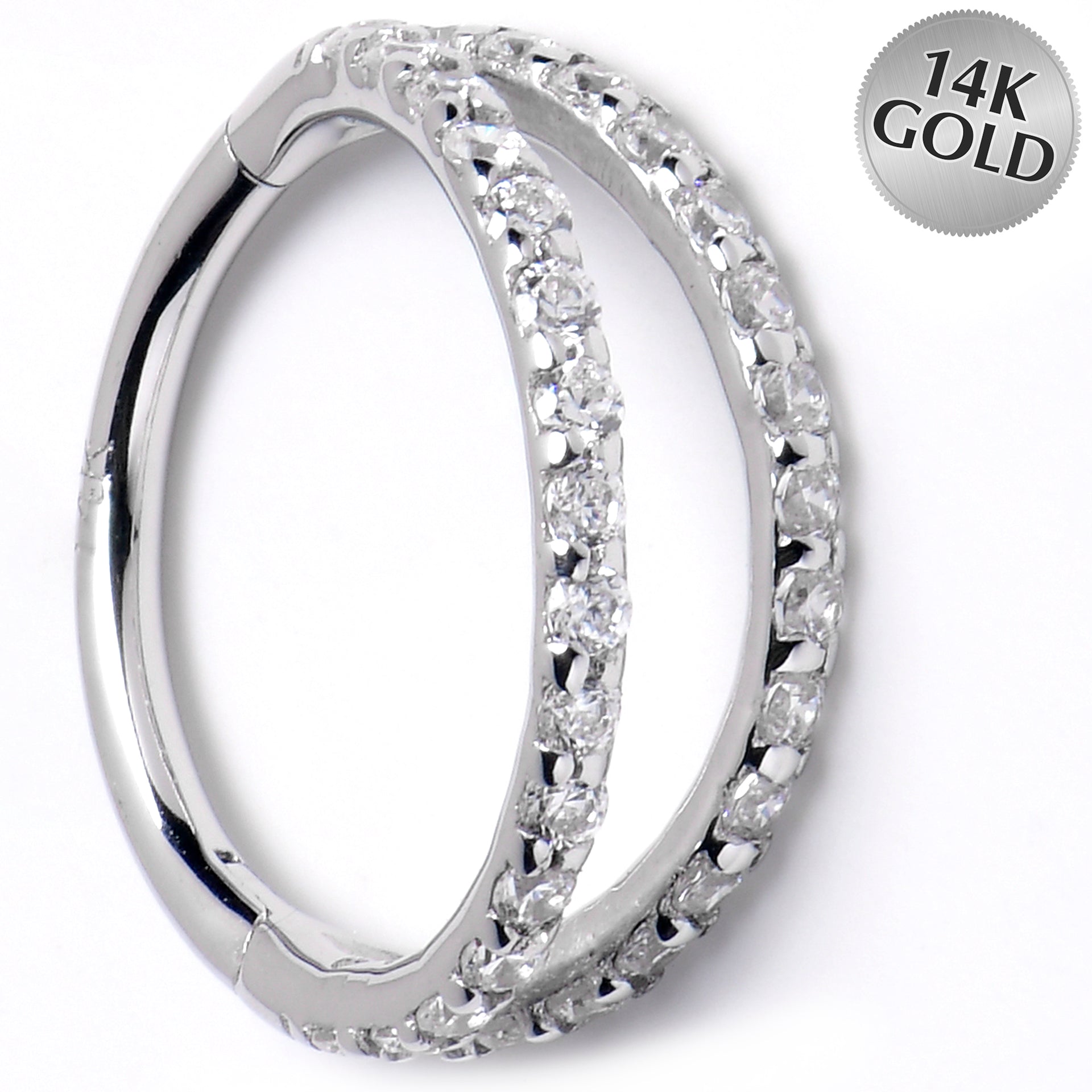 16G 3/8 Solid 14K White Gold Clear CZ Gem Hinged Segment Ring