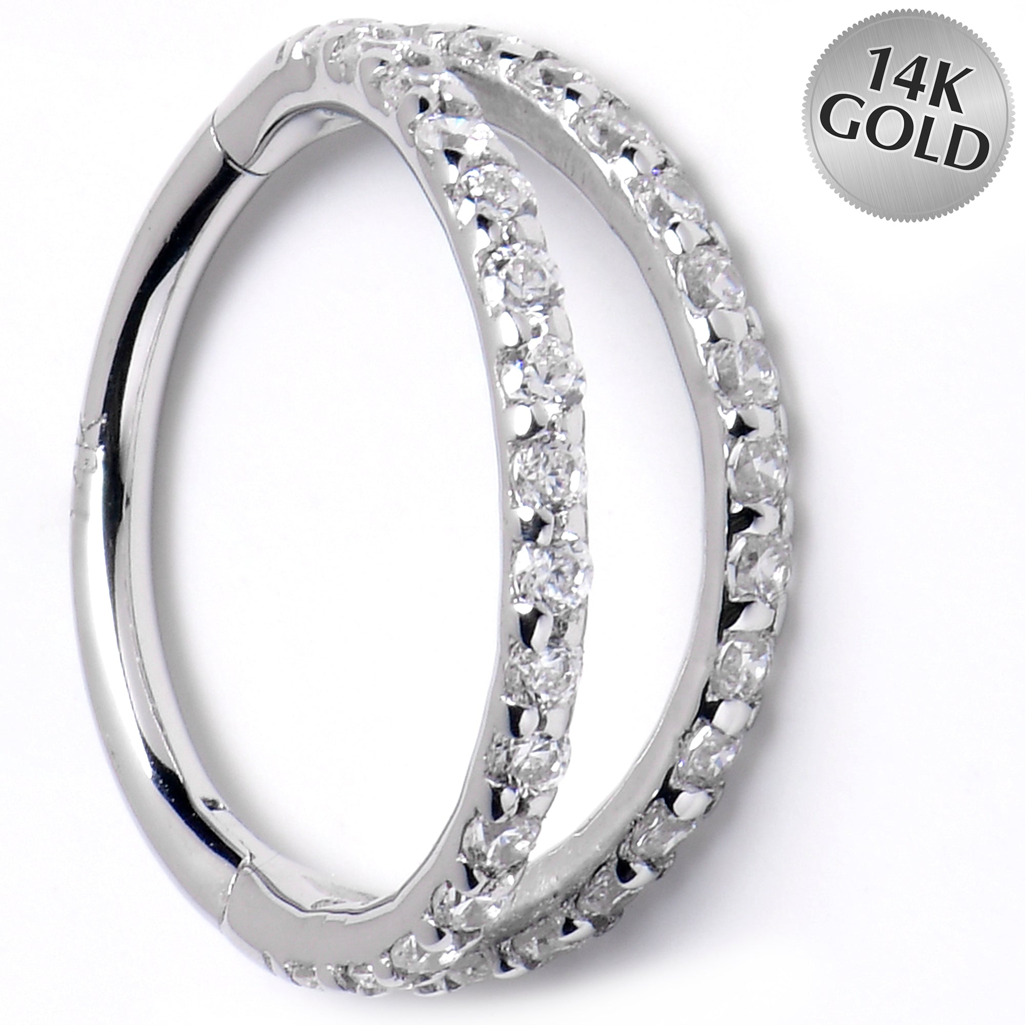 16 Gauge 3/8 Solid 14KT White Gold Clear CZ Gem Hinged Segment Ring