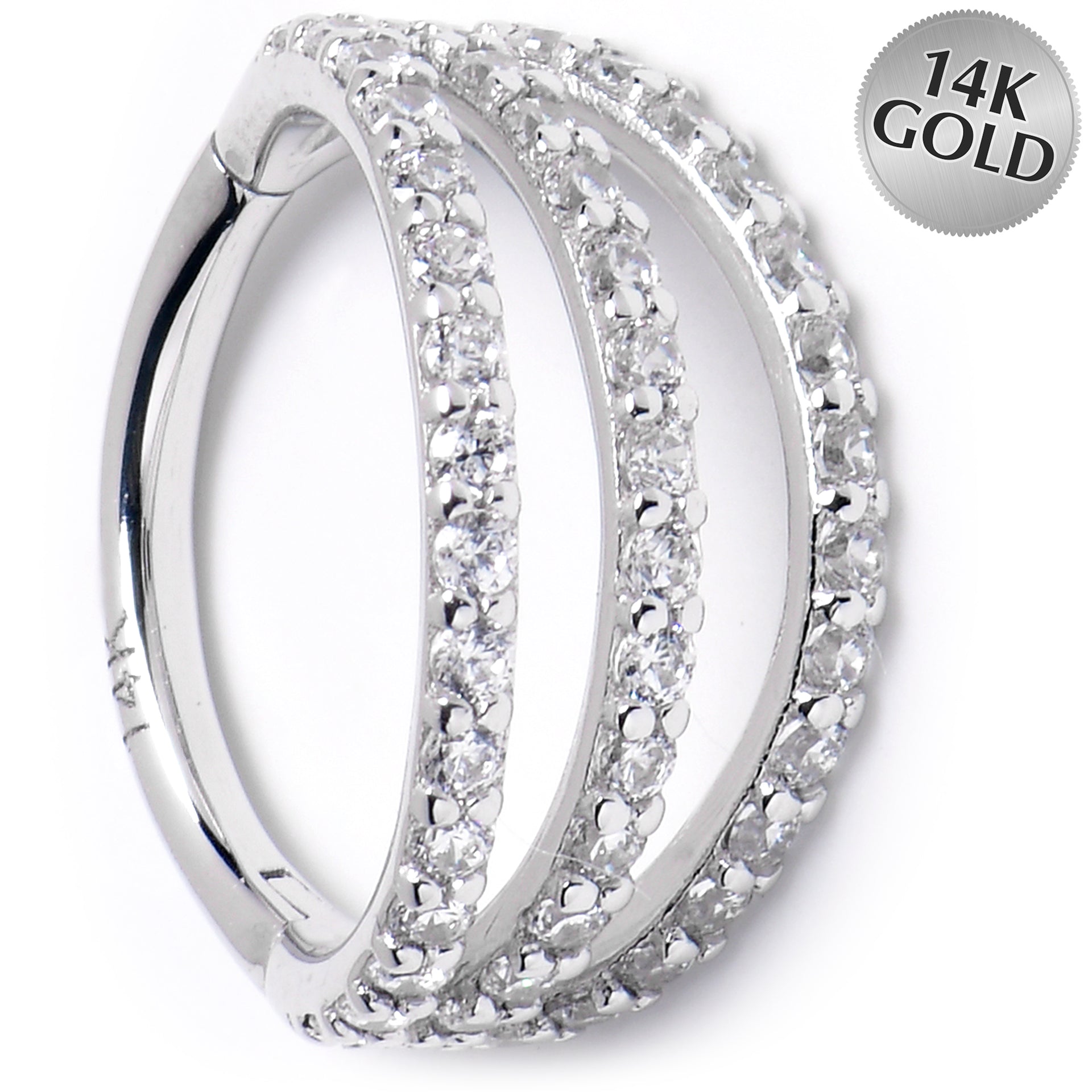 16G 3/8 Solid 14K White Gold Clear CZ Gem Row Hinged Segment Ring