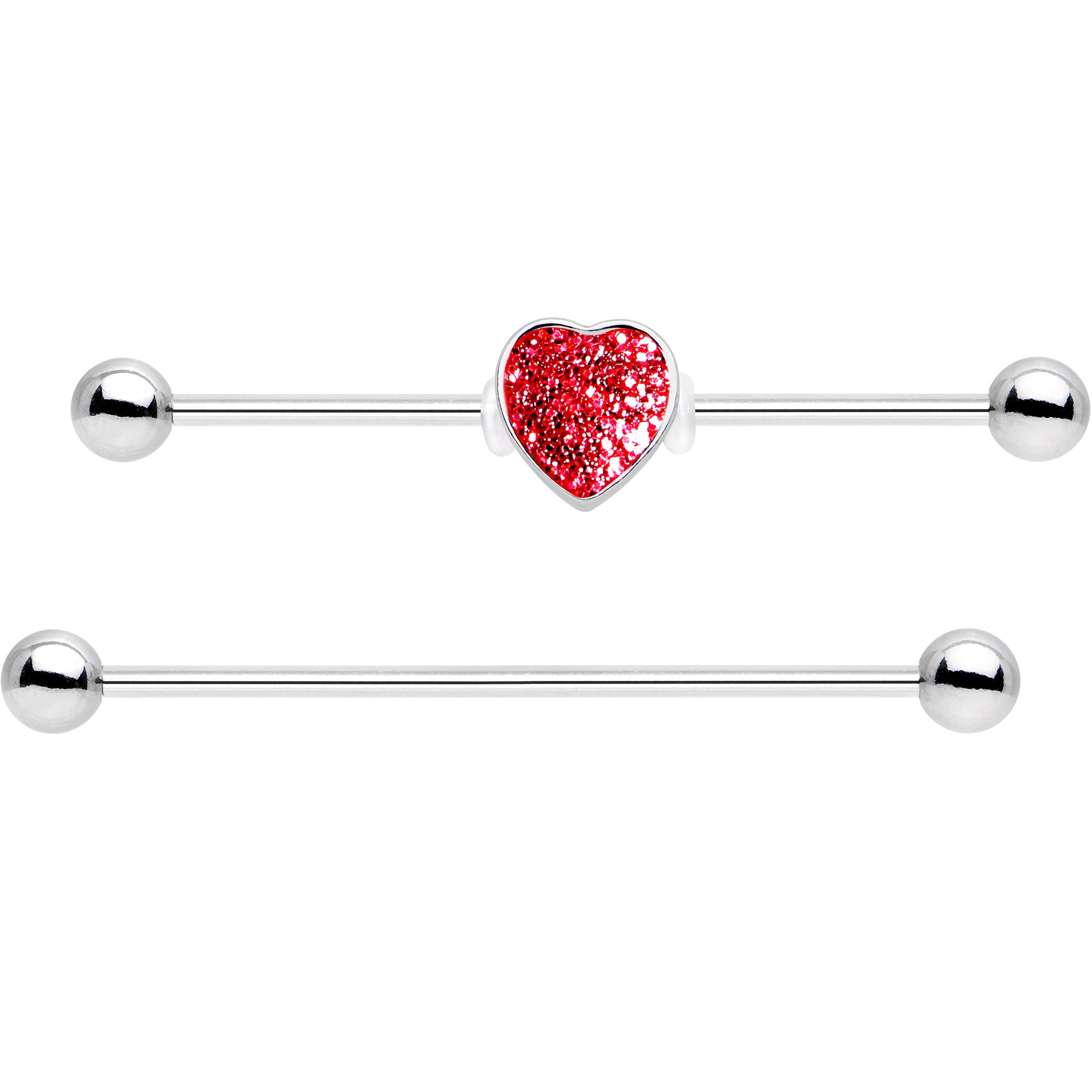 Red Glitter Heart Industrial Barbell 14 Gauge 38mm Set of 2