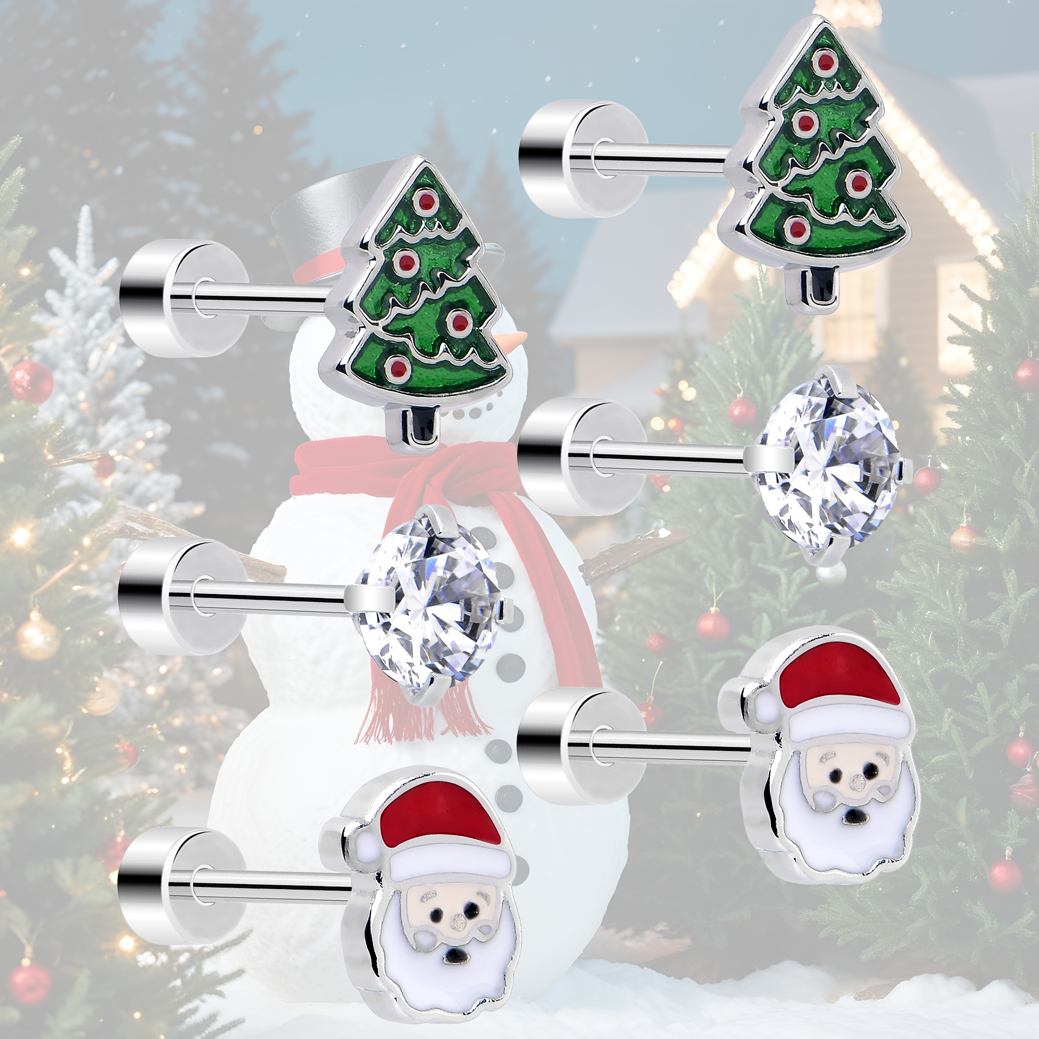 Christmas Flat Back Earrings - 3 Pairs Holiday Tree Samta CZ