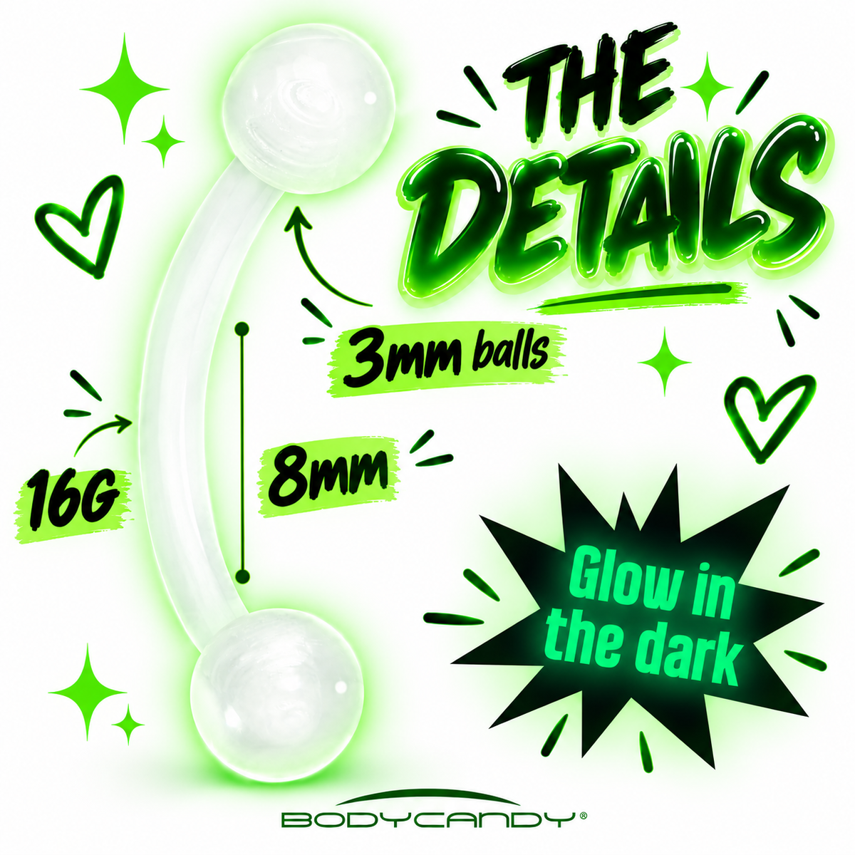 16G 5/16 Glow in the Dark Acrylic Ball Bioflex Clear Flexible Eyebrow Ring