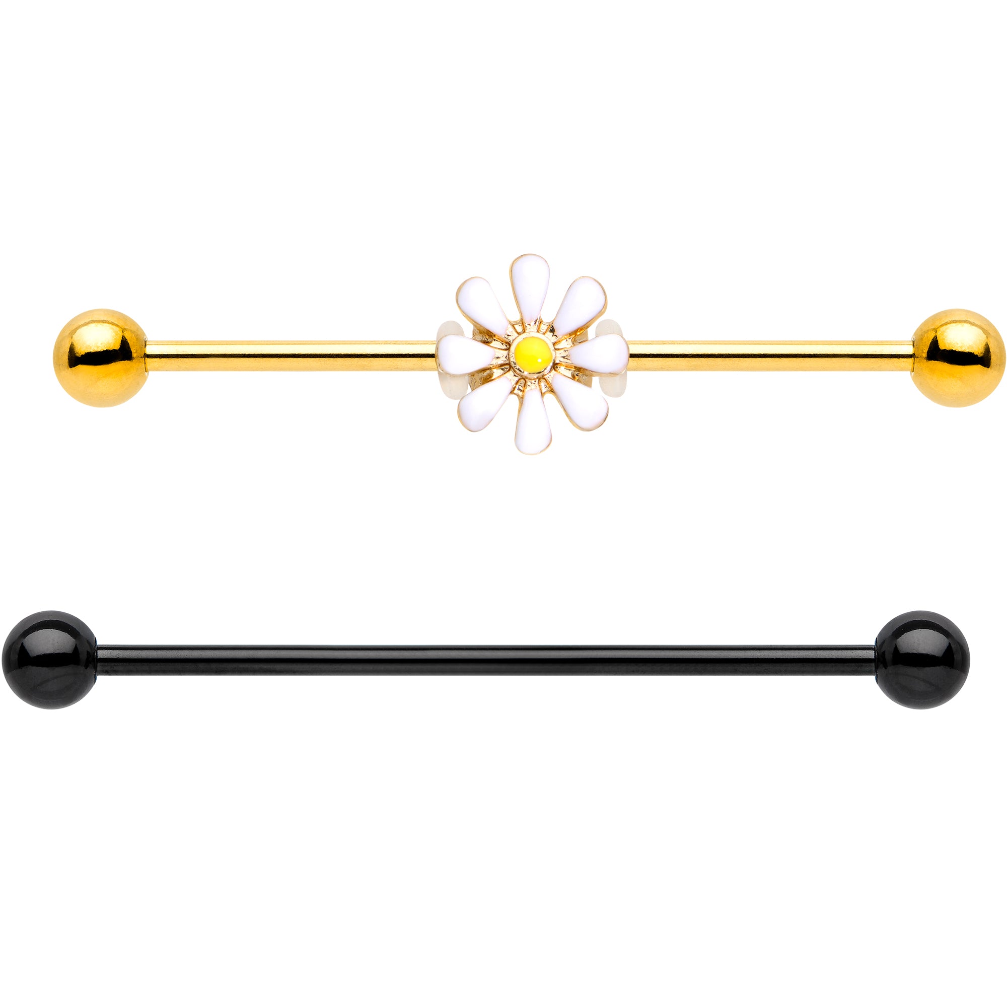 14 Gauge Industrial Barbell with Black Gold Tone Daisy Flower 38mm Set of 2