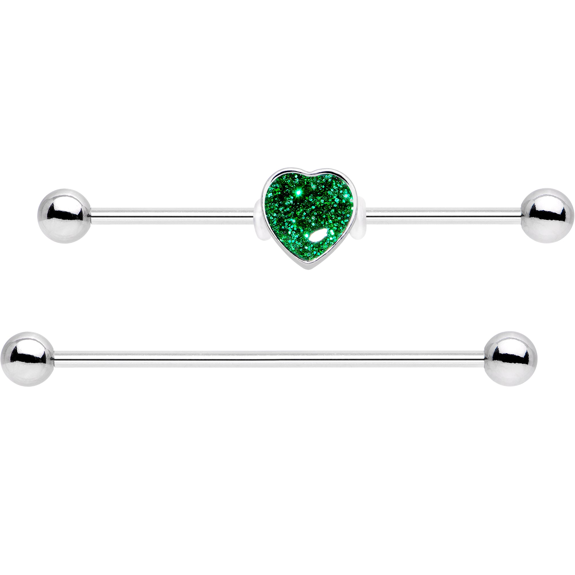 Green Glitter Heart Industrial Barbell 14 Gauge 38mm Set of 2