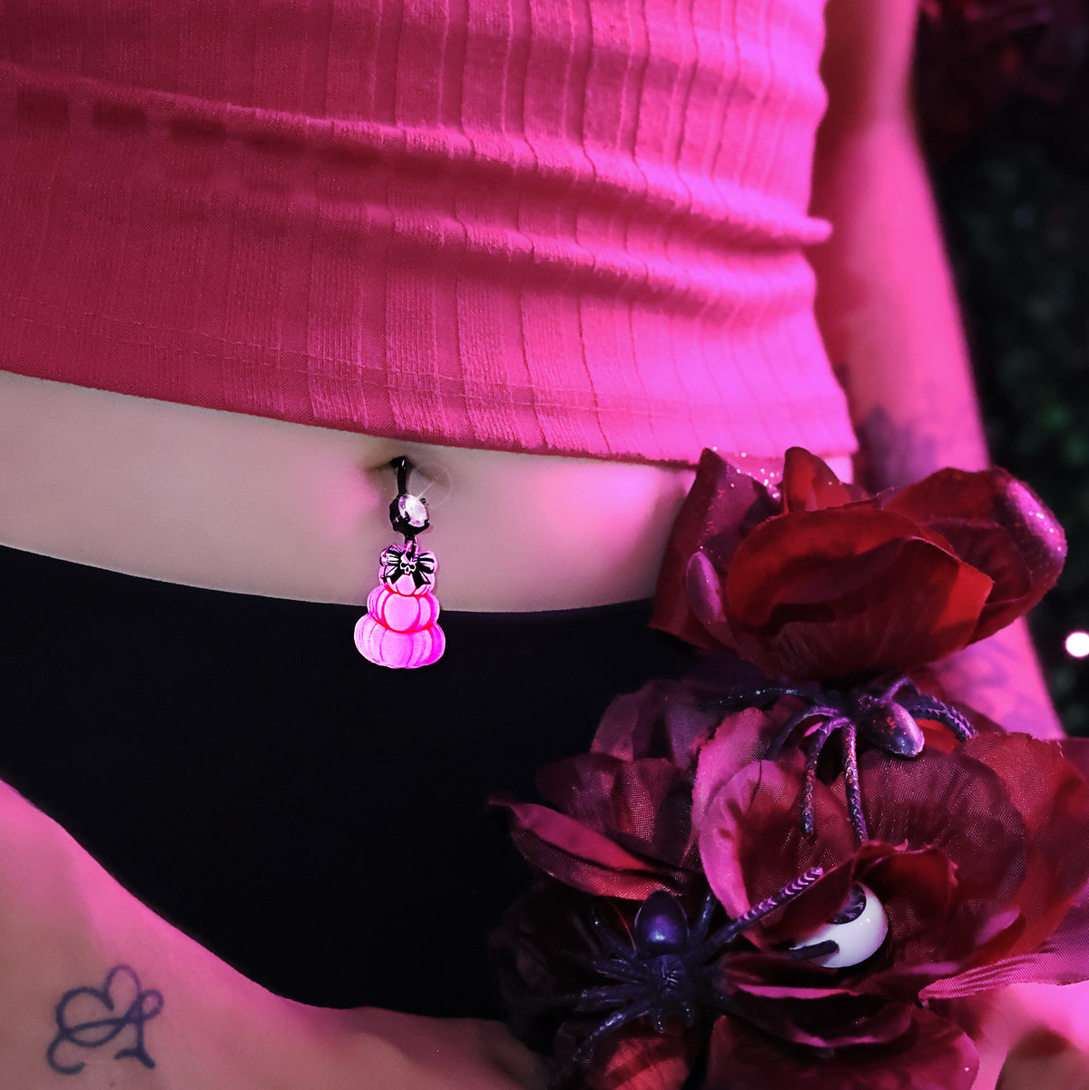 Black Gem Pink Skull Bow Pumpkin Stack Dangle Belly Ring by Onyx O