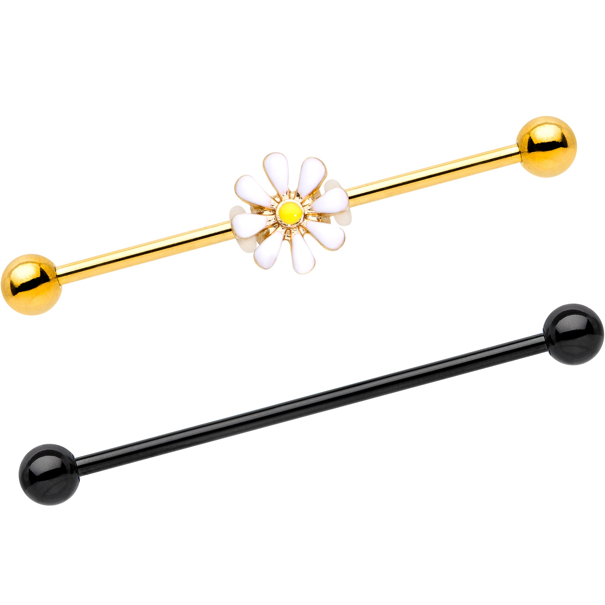 14 Gauge Black Gold Tone Daisy Flower Industrial Barbell 38mm Set of 2