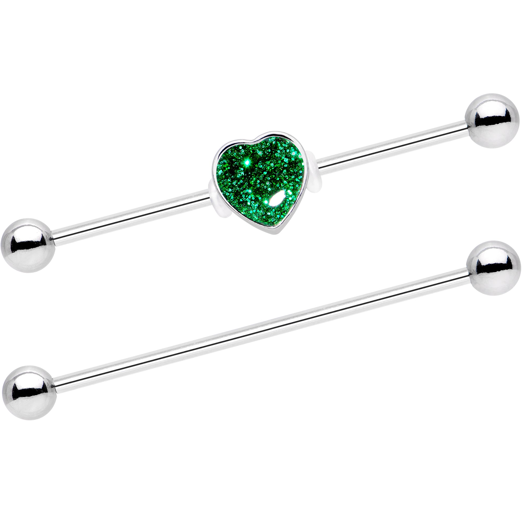 14 Gauge Green Glitter Heart Industrial Barbell 38mm Set of 2
