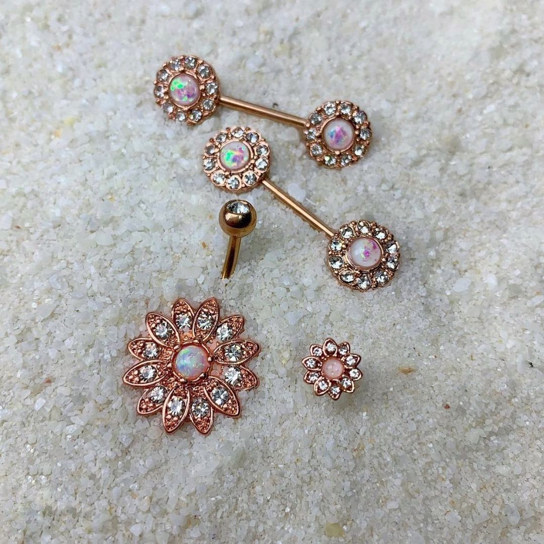 White Faux Opal Clear Gem Rose Gold Plated Fancy Flower Belly Ring
