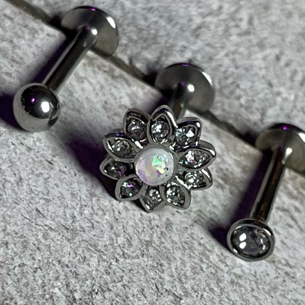 16G 5/16 White Faux Opal Flower Labret Set of 3