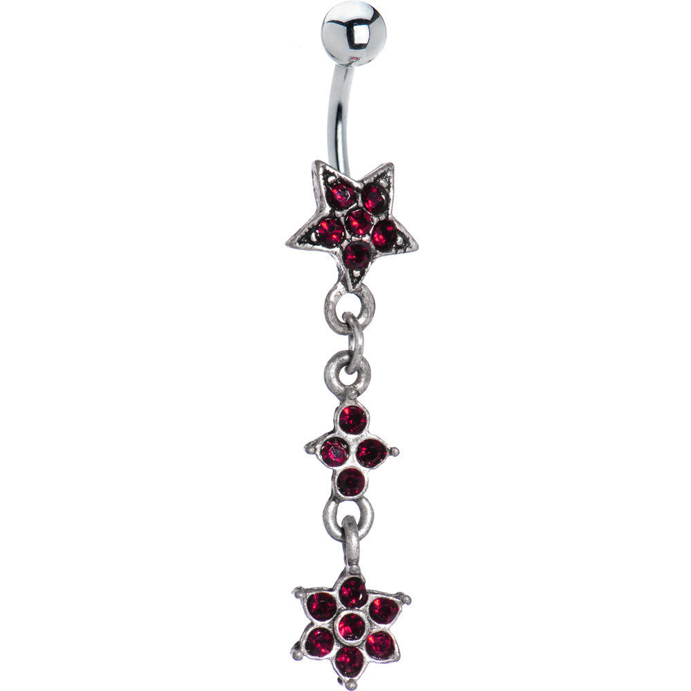 Antique Silver Red Gem Flourishing Star Dangle Belly Ring