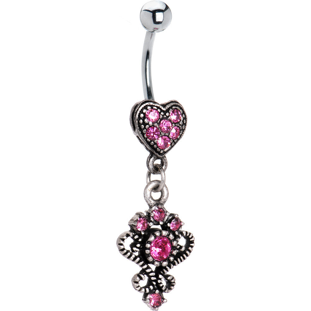 Antique Silver Victorian Heart Pink Gem Dangle Belly Ring