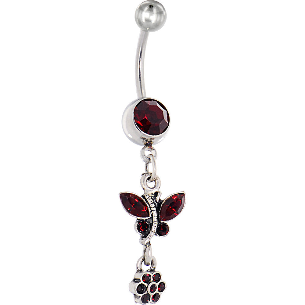 Antique Silver Floral Ivy Siam Red Gem Dangle Belly Ring
