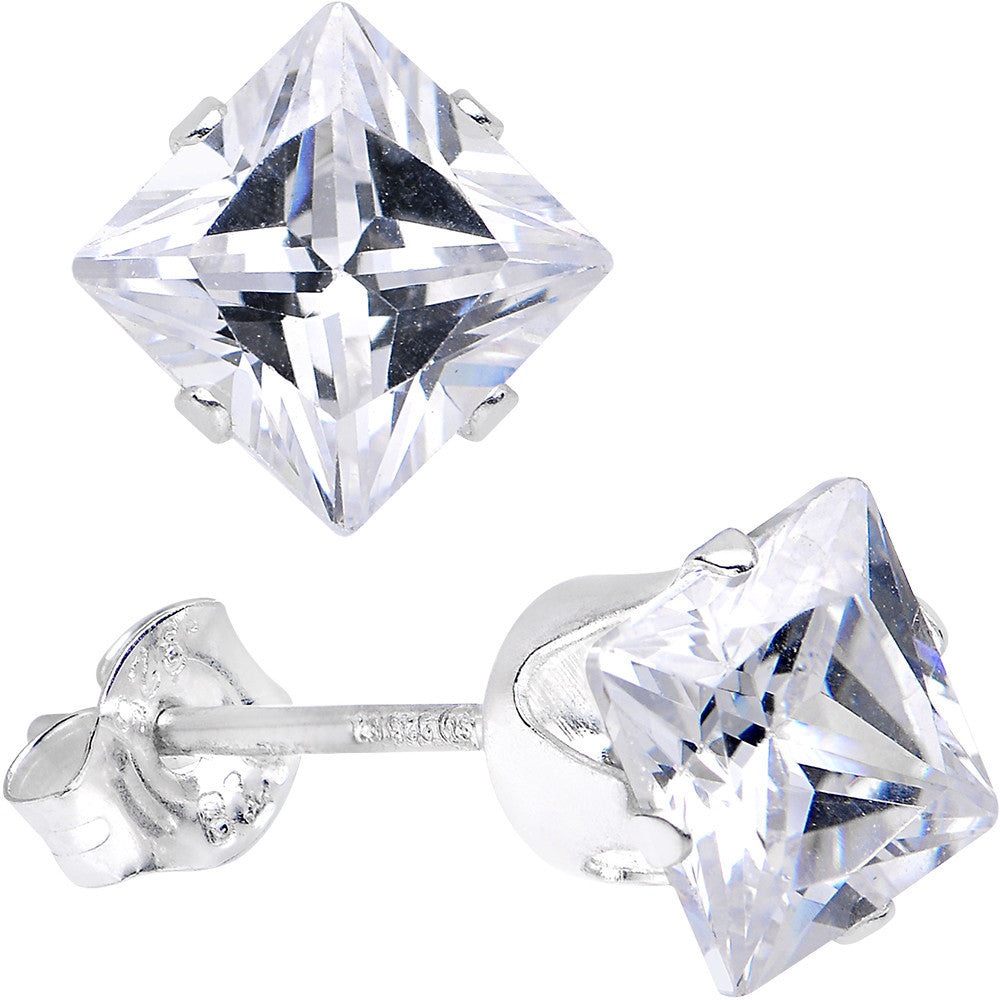 Clear 925 Sterling Silver .47 Carat Cubic Zirconia Square Stud Earrings