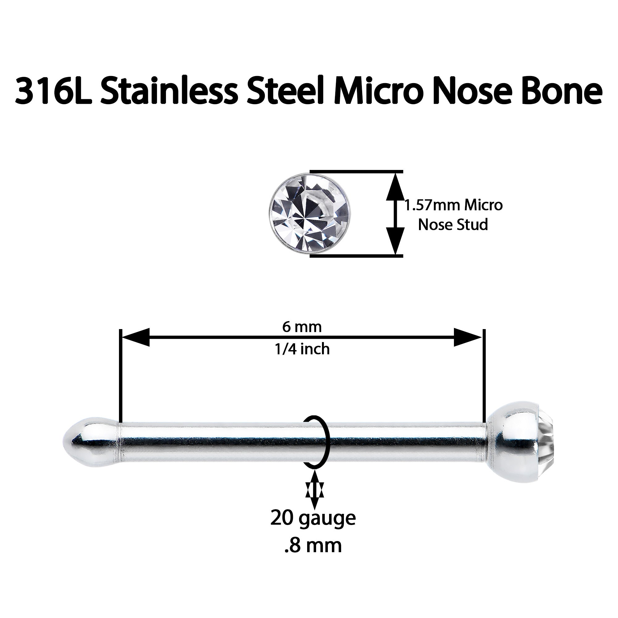 20 Gauge Stainless Steel Crystalline Gem Micro Nose Bone