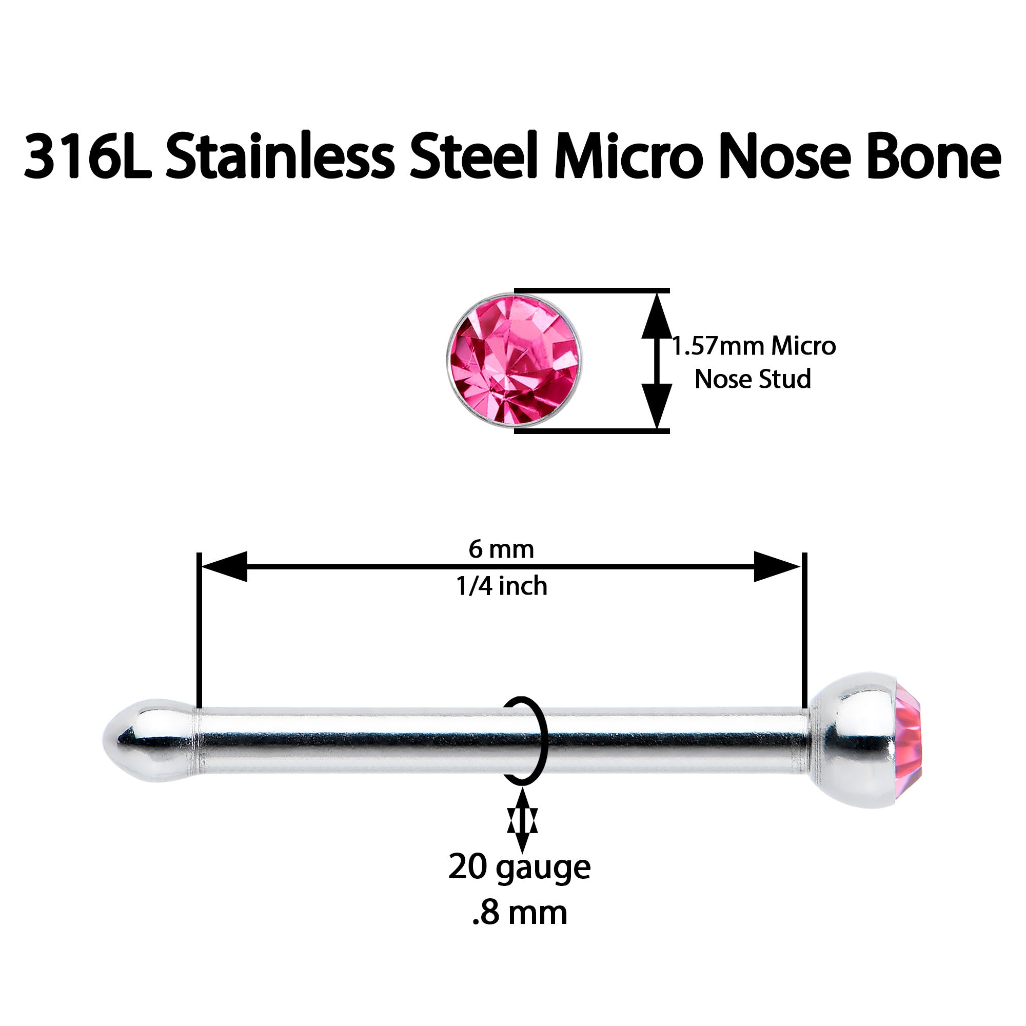 20 Gauge Stainless Steel Pink Gem Micro Nose Bone