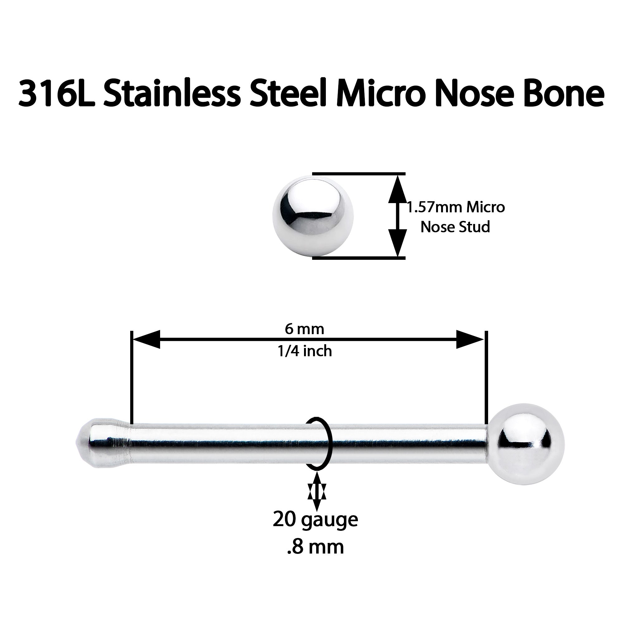 20 Gauge Stainless Steel Micro Ball Nose Bone