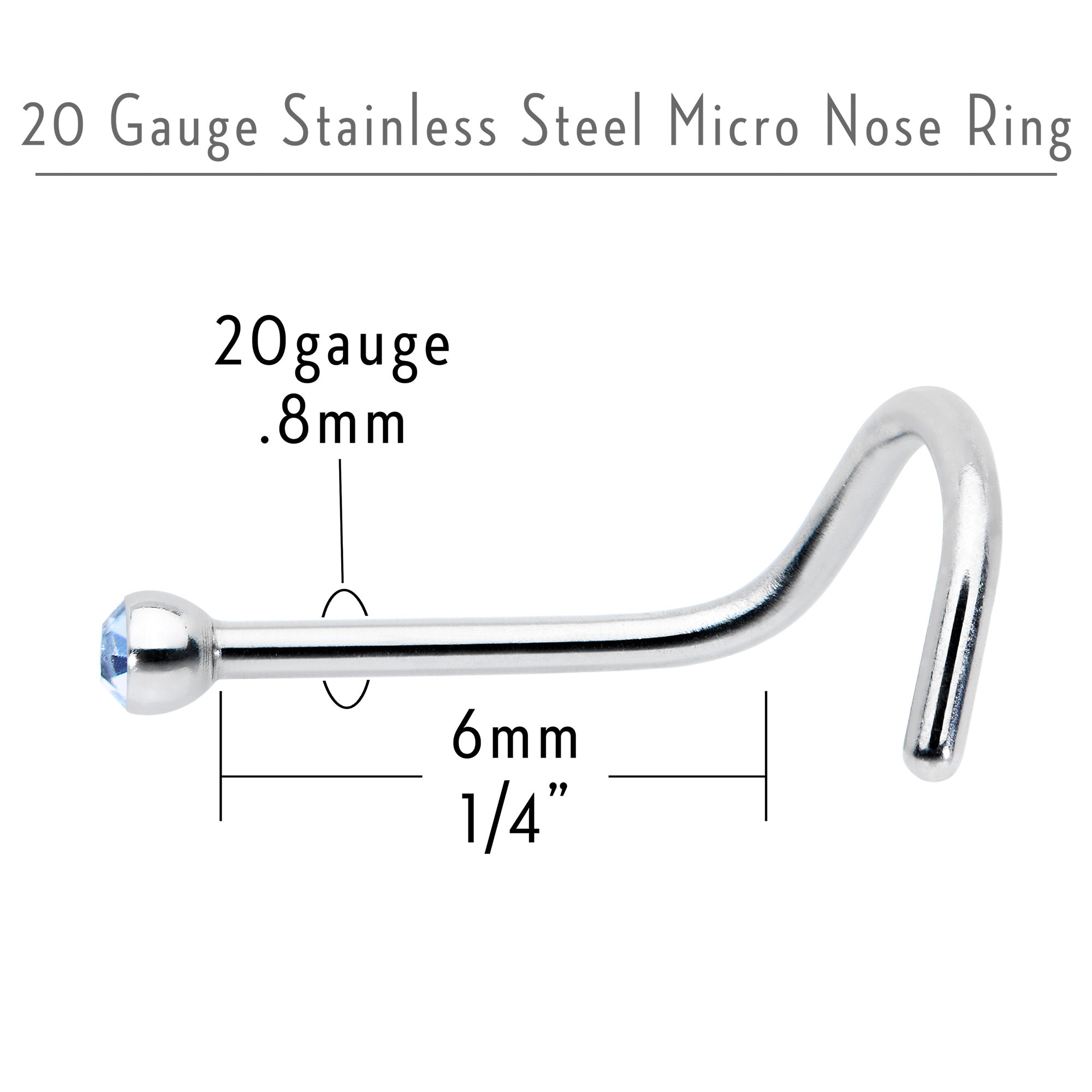 20 Gauge Stainless Steel Light Blue Gem Micro Nose Ring Twister