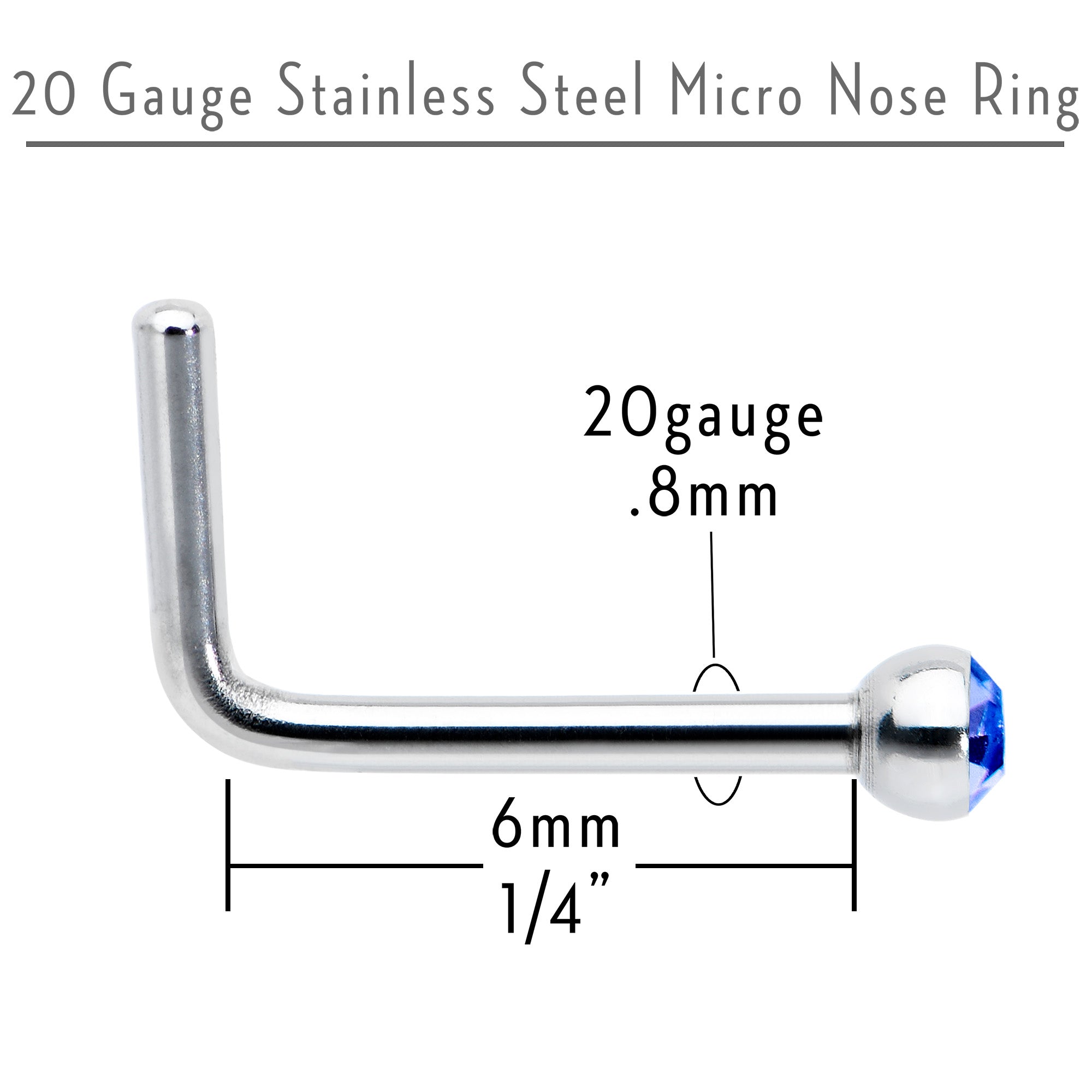 20 Gauge Stainless Steel Sapphire Blue Gem Micro Nose Ring L-Shaped