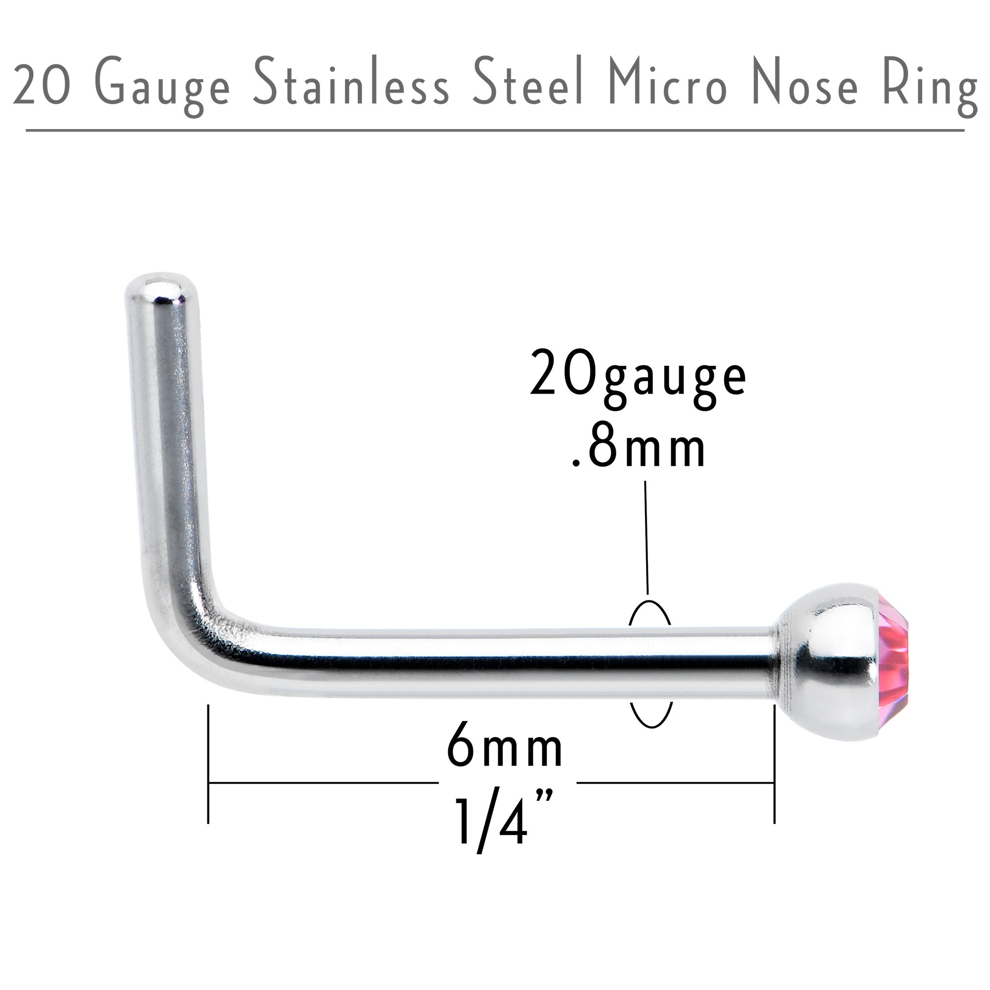 20 Gauge Stainless Steel Pink Gem Micro Nose Ring L-Shaped