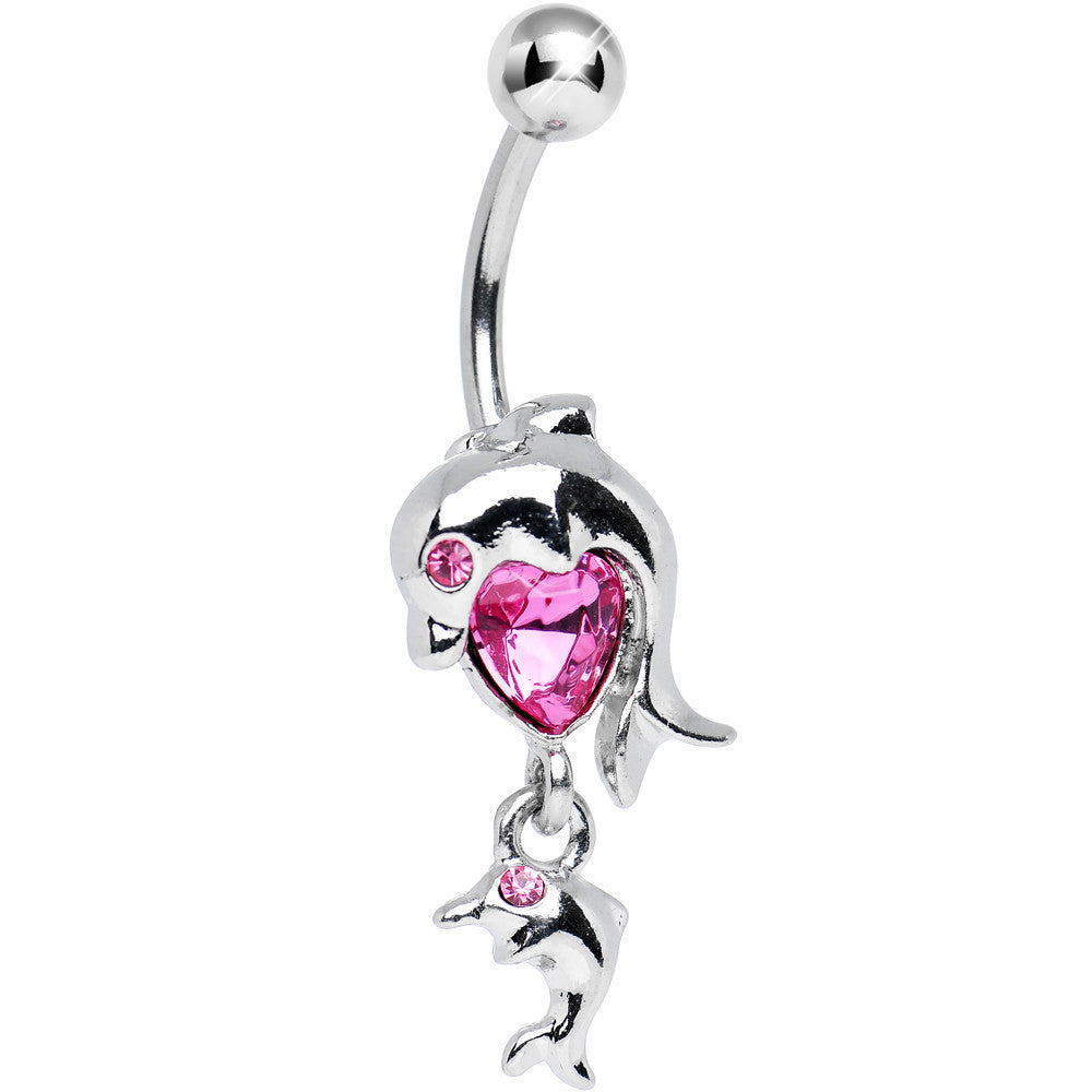 Pink Gem DOLPHIN HEART DANGLE Navel Belly Button Ring