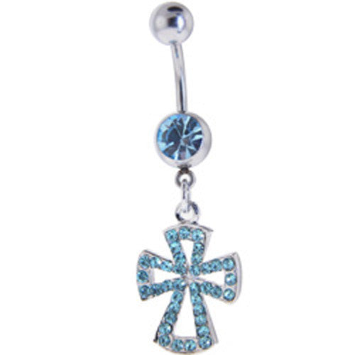 Solar Blue ADORNED JEWELED CROSS Belly Ring