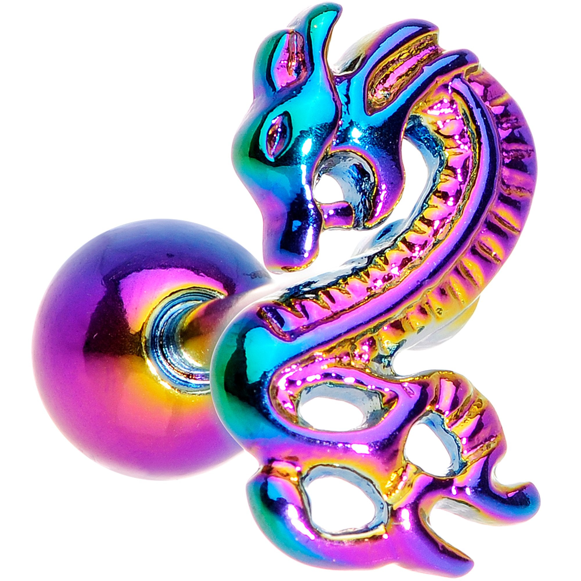 Rainbow Titanium Anodized 3-D Dragon  Barbell Tongue Ring