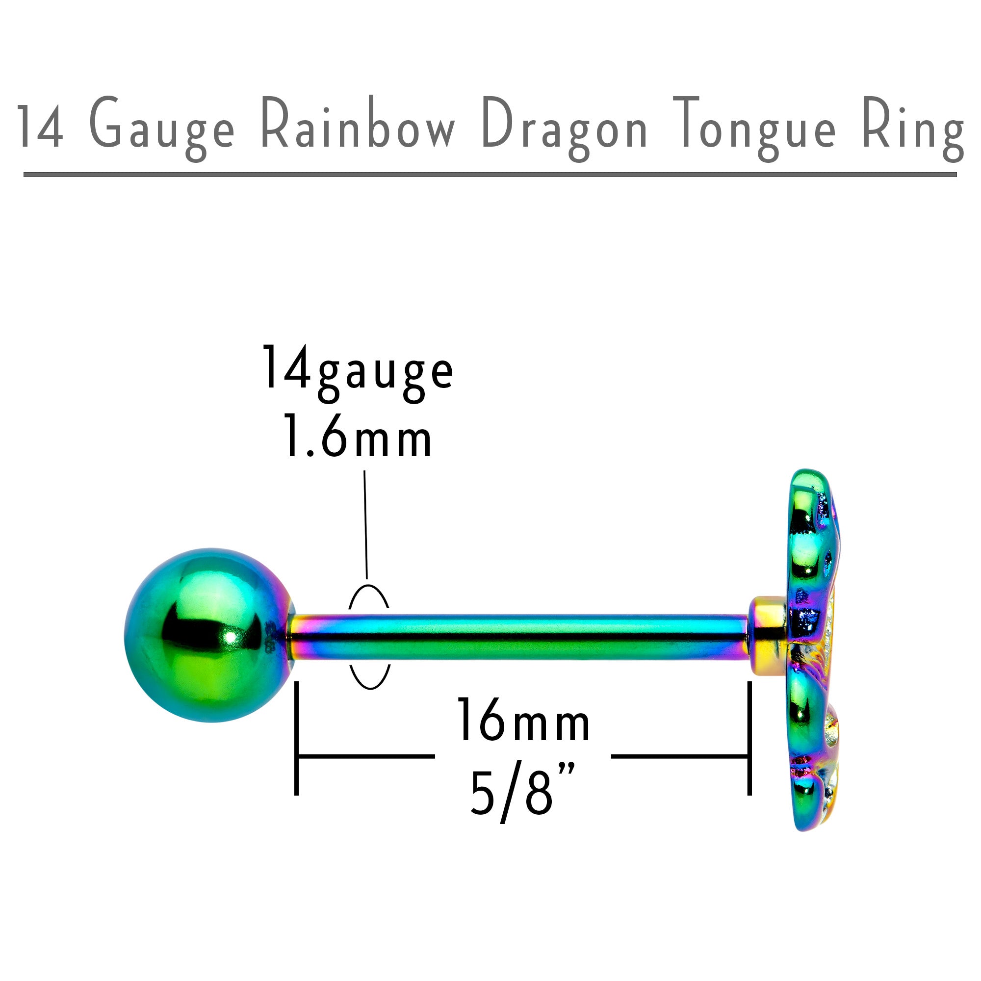 Rainbow Titanium Anodized 3-D Dragon  Barbell Tongue Ring