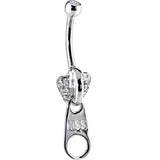 Solid 14kt White Gold CZ Paved Kiss Zipper Belly Ring