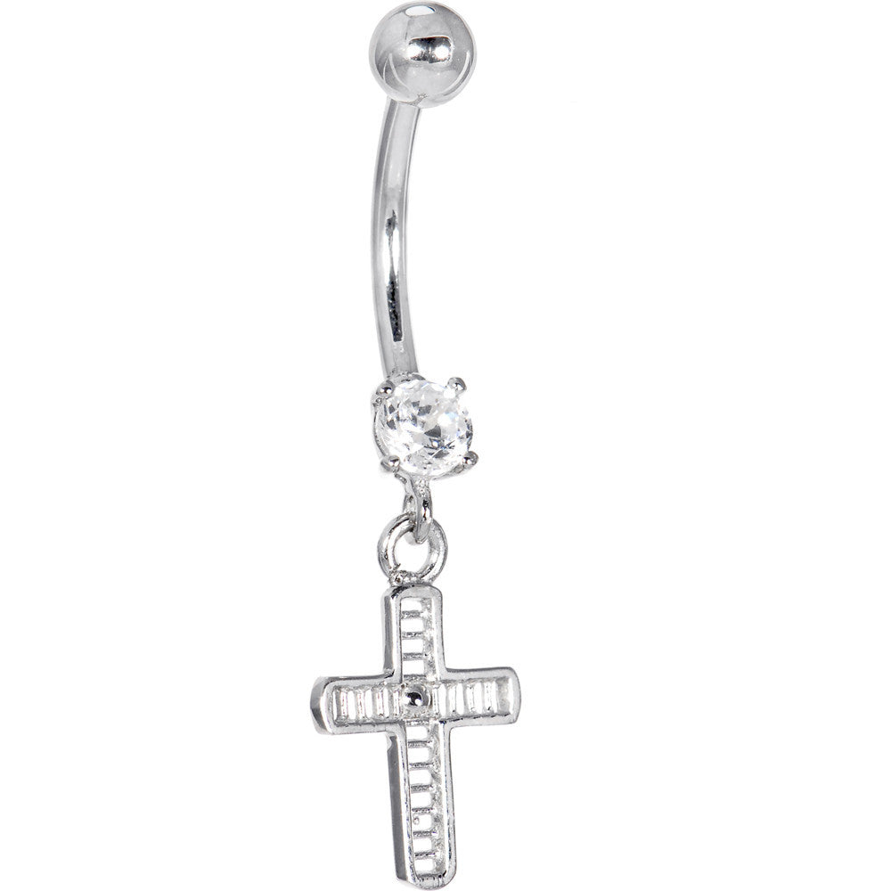 Solid 14kt White Gold Cubic Zirconia Cross Dangle Belly Ring