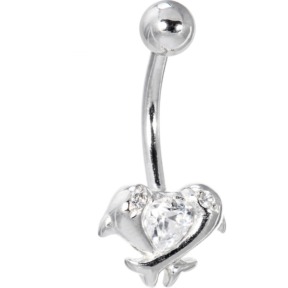 Solid 14kt White Gold Cubic Zirconia Dolphin Kiss Belly Ring